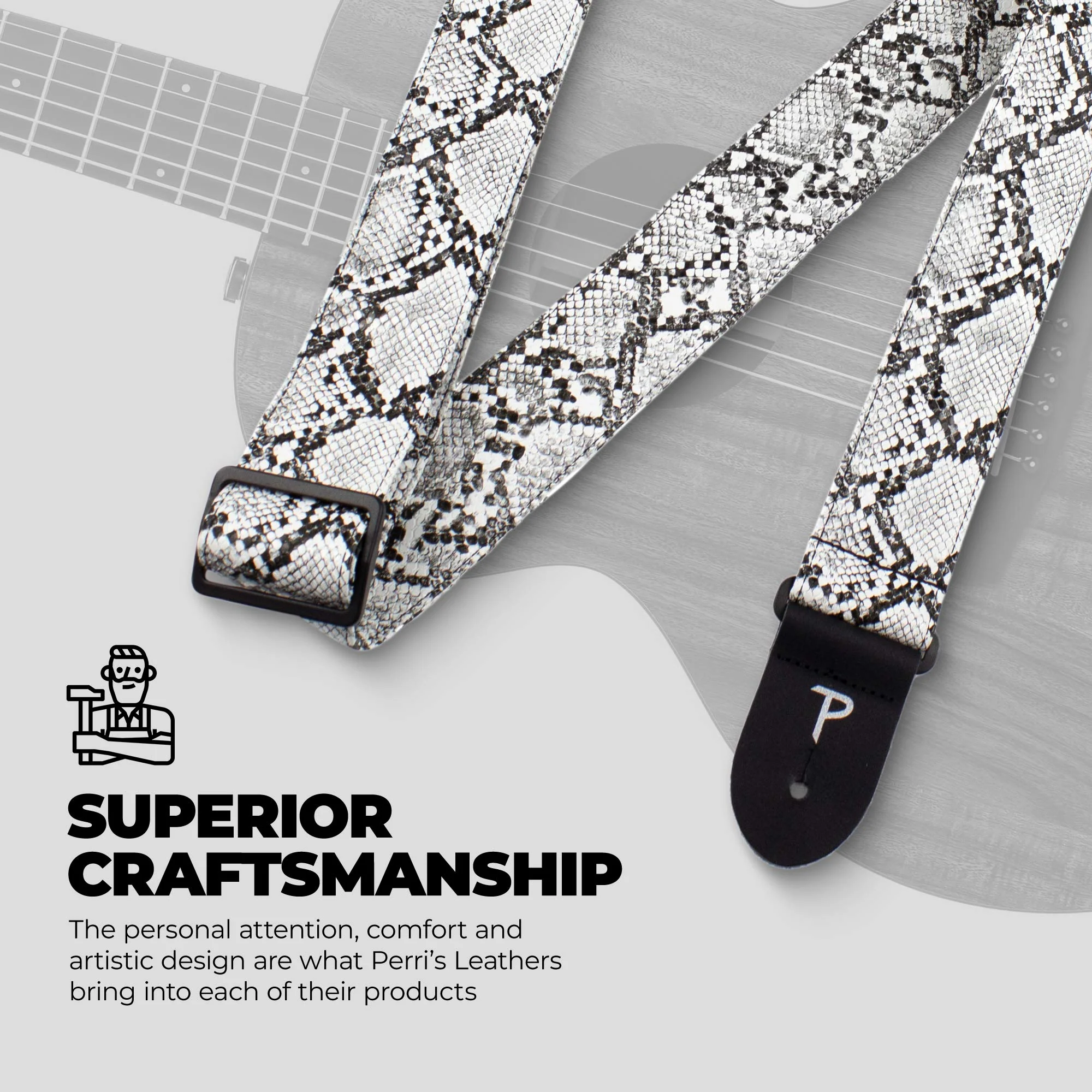 Perri’s Leathers Faux Snake Skin Guitar Straps, 39" - 58", White, Jacquard Patterned, Adjustable Length, Leather Ends, Non-Slip & Durable, Electric, Bass, Acoustic Guitar Strap 39" to 58" - Image 5