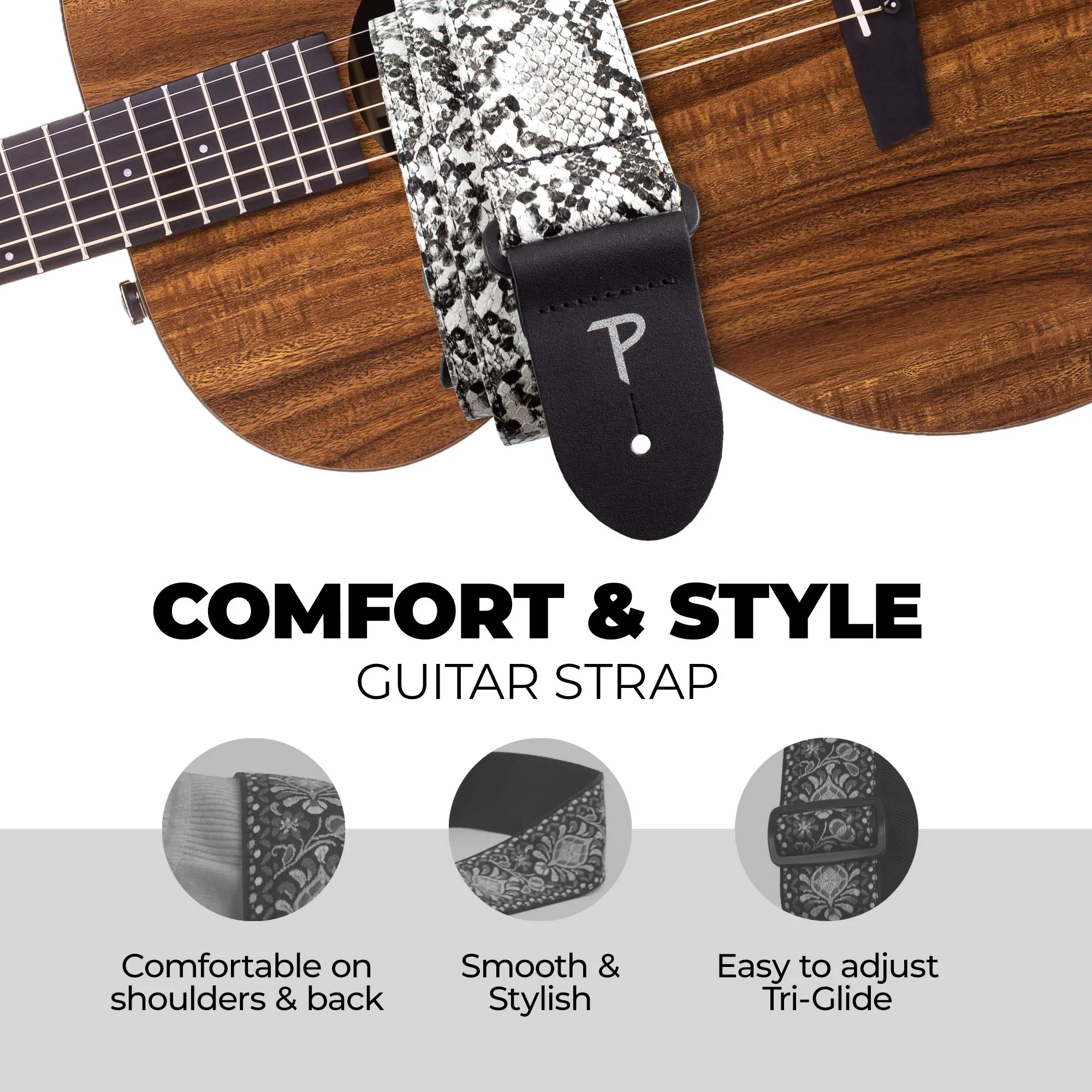Perri’s Leathers Faux Snake Skin Guitar Straps, 39" - 58", White, Jacquard Patterned, Adjustable Length, Leather Ends, Non-Slip & Durable, Electric, Bass, Acoustic Guitar Strap 39" to 58" - Image 6
