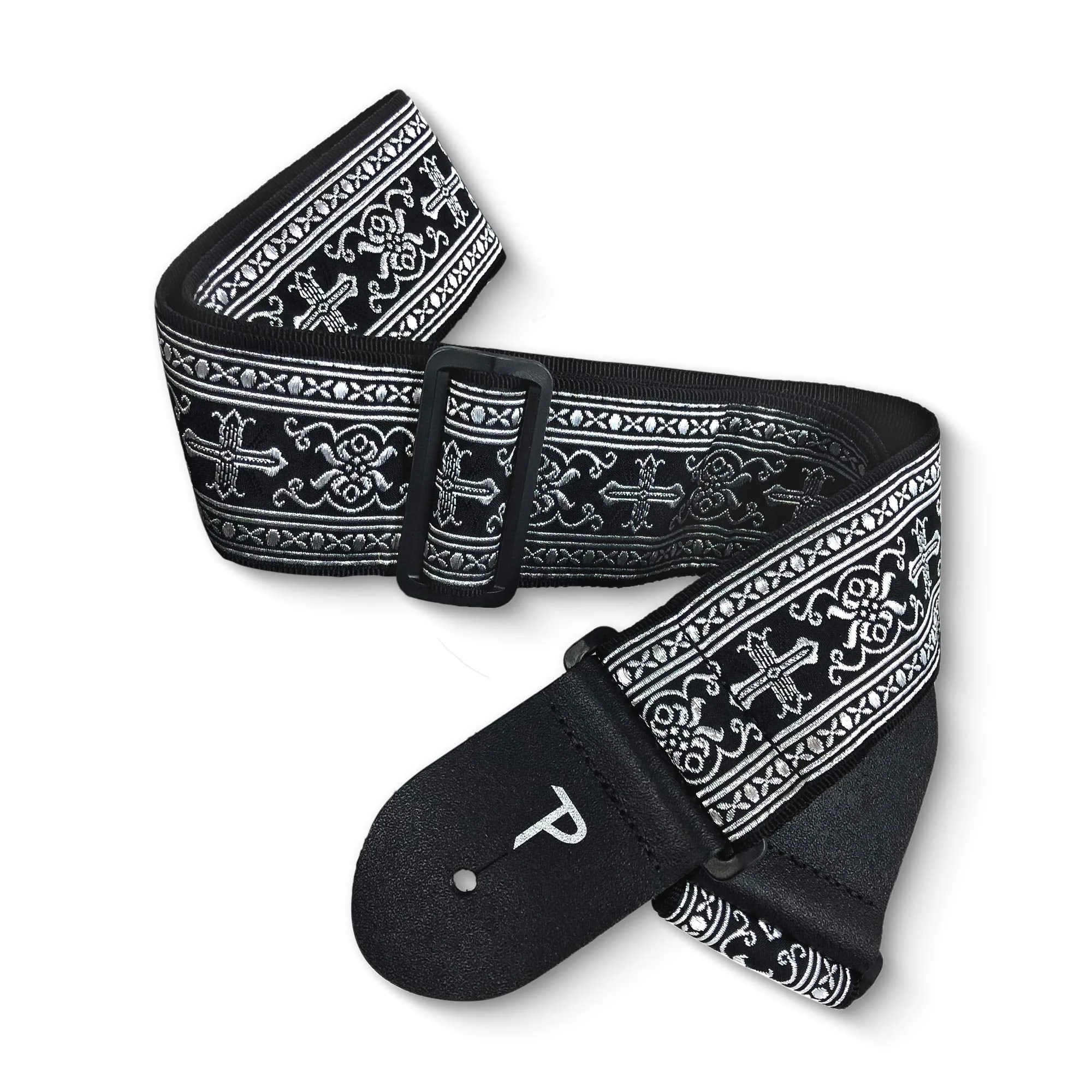 Perri’s Leathers Jacquard Guitar Straps - Adjustable Length 39" to 58", Genuine Leather Ends, Silver Cross Design, Electric, Bass, Acoustic Guitar Strap - Metallic Silver - Image 2
