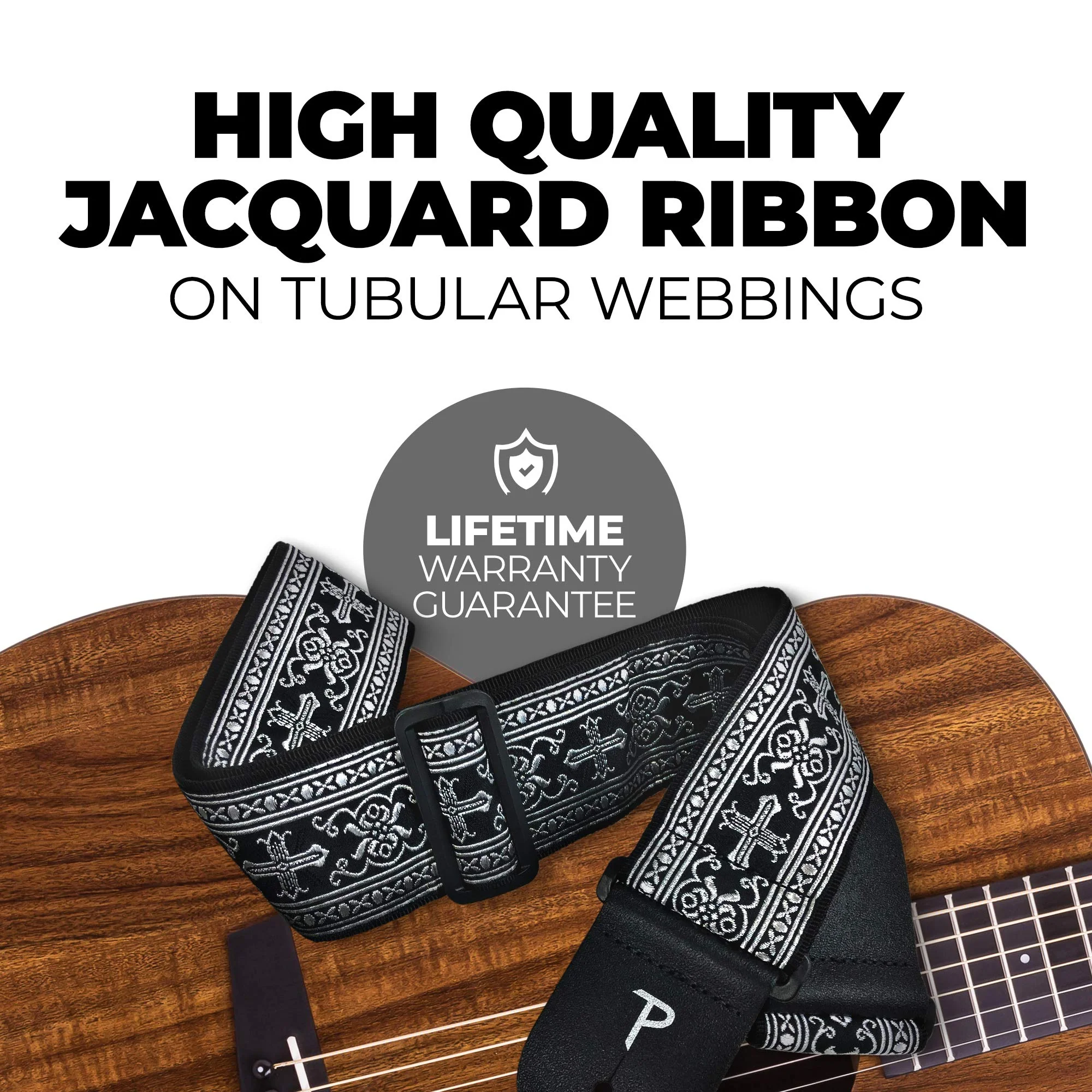 Perri’s Leathers Jacquard Guitar Straps - Adjustable Length 39" to 58", Genuine Leather Ends, Silver Cross Design, Electric, Bass, Acoustic Guitar Strap - Metallic Silver - Image 3