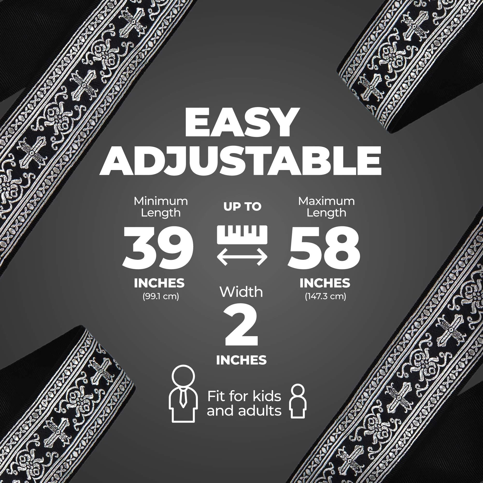 Perri’s Leathers Jacquard Guitar Straps - Adjustable Length 39" to 58", Genuine Leather Ends, Silver Cross Design, Electric, Bass, Acoustic Guitar Strap - Metallic Silver - Image 4