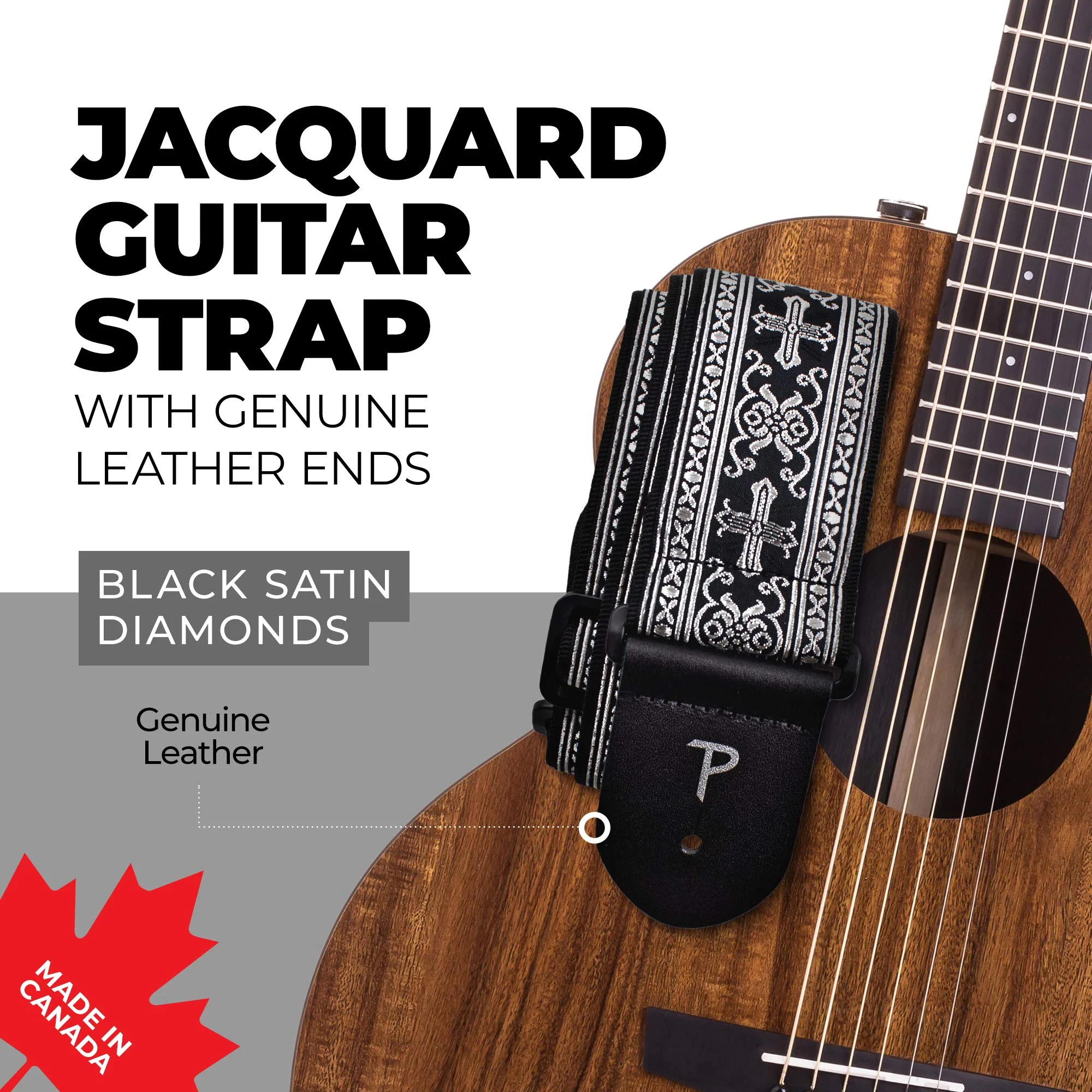 Perri’s Leathers Jacquard Guitar Straps - Adjustable Length 39" to 58", Genuine Leather Ends, Silver Cross Design, Electric, Bass, Acoustic Guitar Strap - Metallic Silver - Image 5