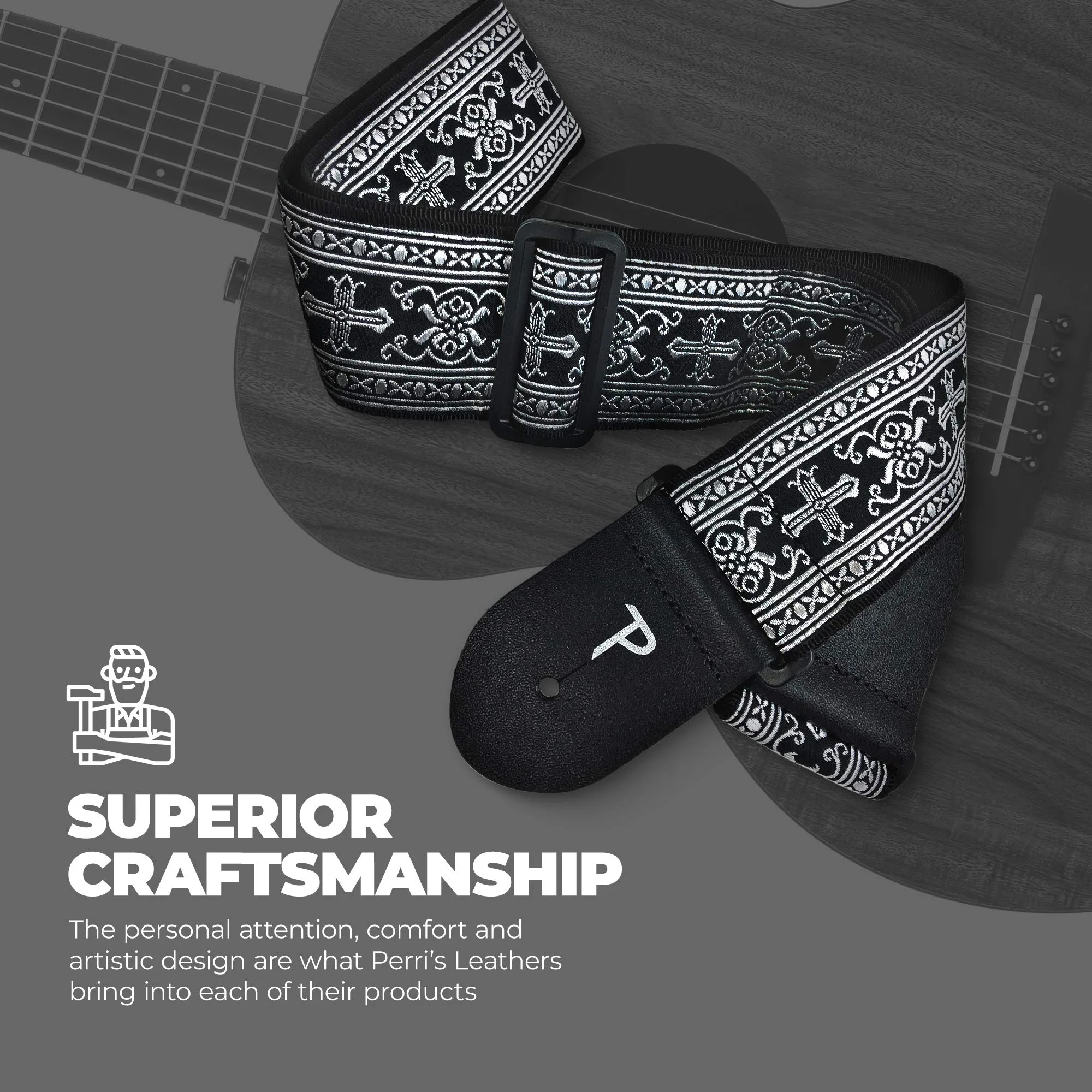 Perri’s Leathers Jacquard Guitar Straps - Adjustable Length 39" to 58", Genuine Leather Ends, Silver Cross Design, Electric, Bass, Acoustic Guitar Strap - Metallic Silver - Image 6