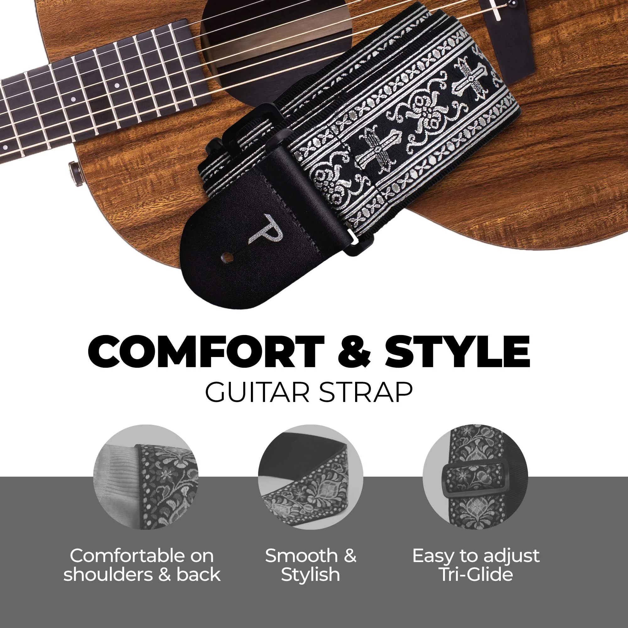 Perri’s Leathers Jacquard Guitar Straps - Adjustable Length 39" to 58", Genuine Leather Ends, Silver Cross Design, Electric, Bass, Acoustic Guitar Strap - Metallic Silver - Image 7