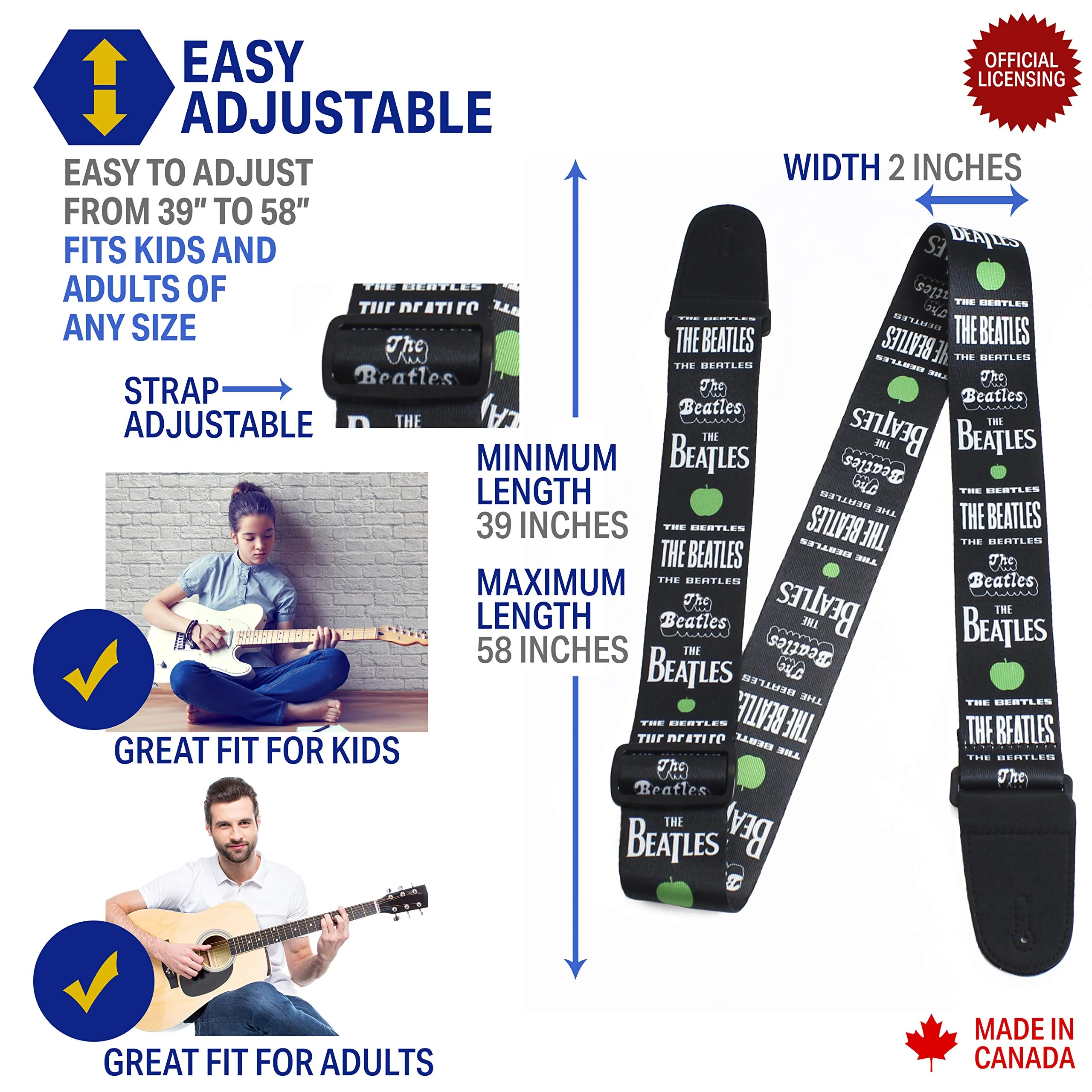 Perri's Leathers, 39"-58"- Black, The Beatles Officially Licensed Guitar Strap, Boutique & Fits Fender Electric, Custom, Adjustable, Durable Design, Acoustic & Bass Guitar Straps for Electric, Leather Green Apples - Image 2