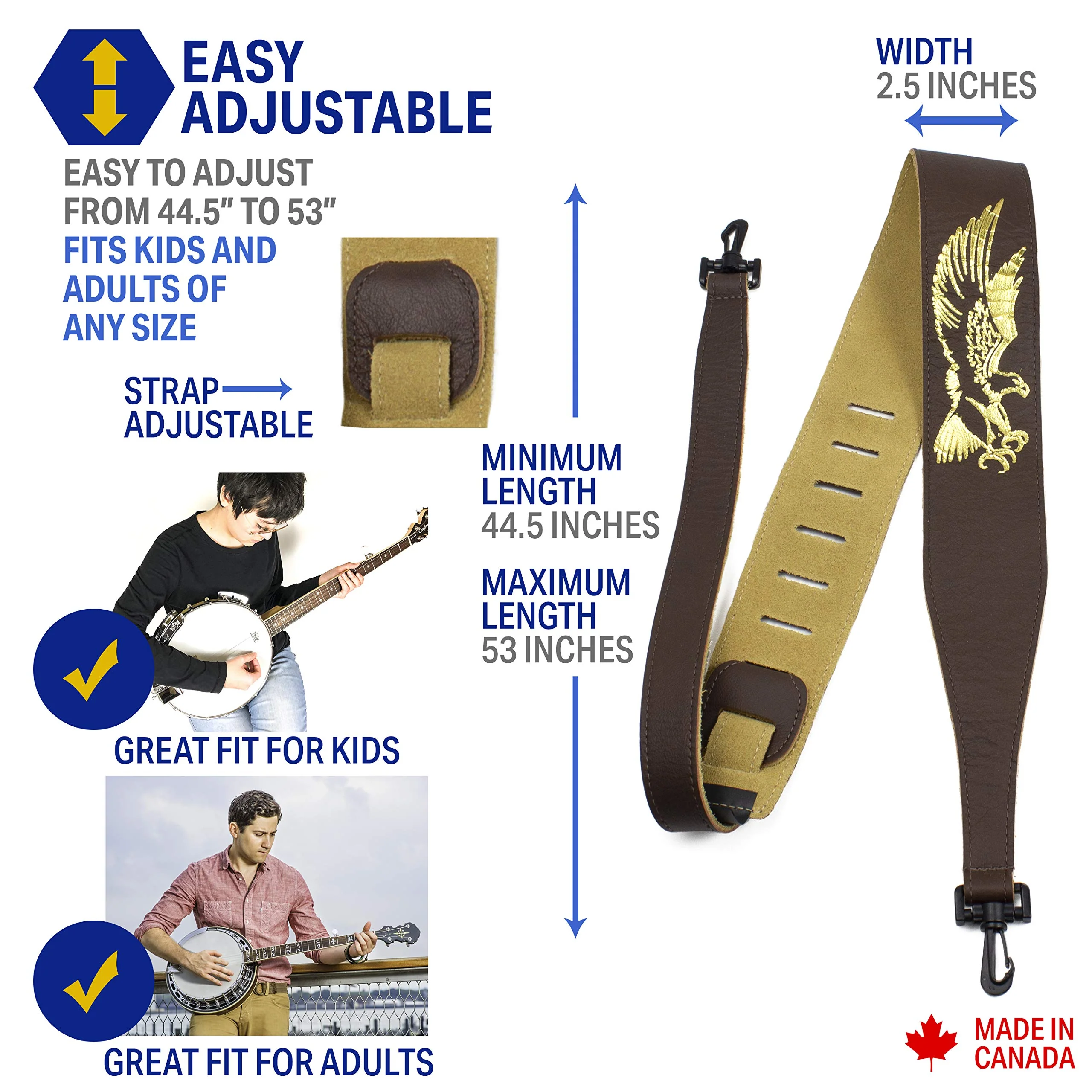 Perri's Leathers, Banjo Flying Eagle Guitar Strap, Polyester and Plastic Combined, Brown, Foil Embosed, Anti-Slip, Classic, Suitable for Each Level, Standard, Compatible with All Button Lock Systems 44.5" to 53" Flying Eage Brown - Image 2