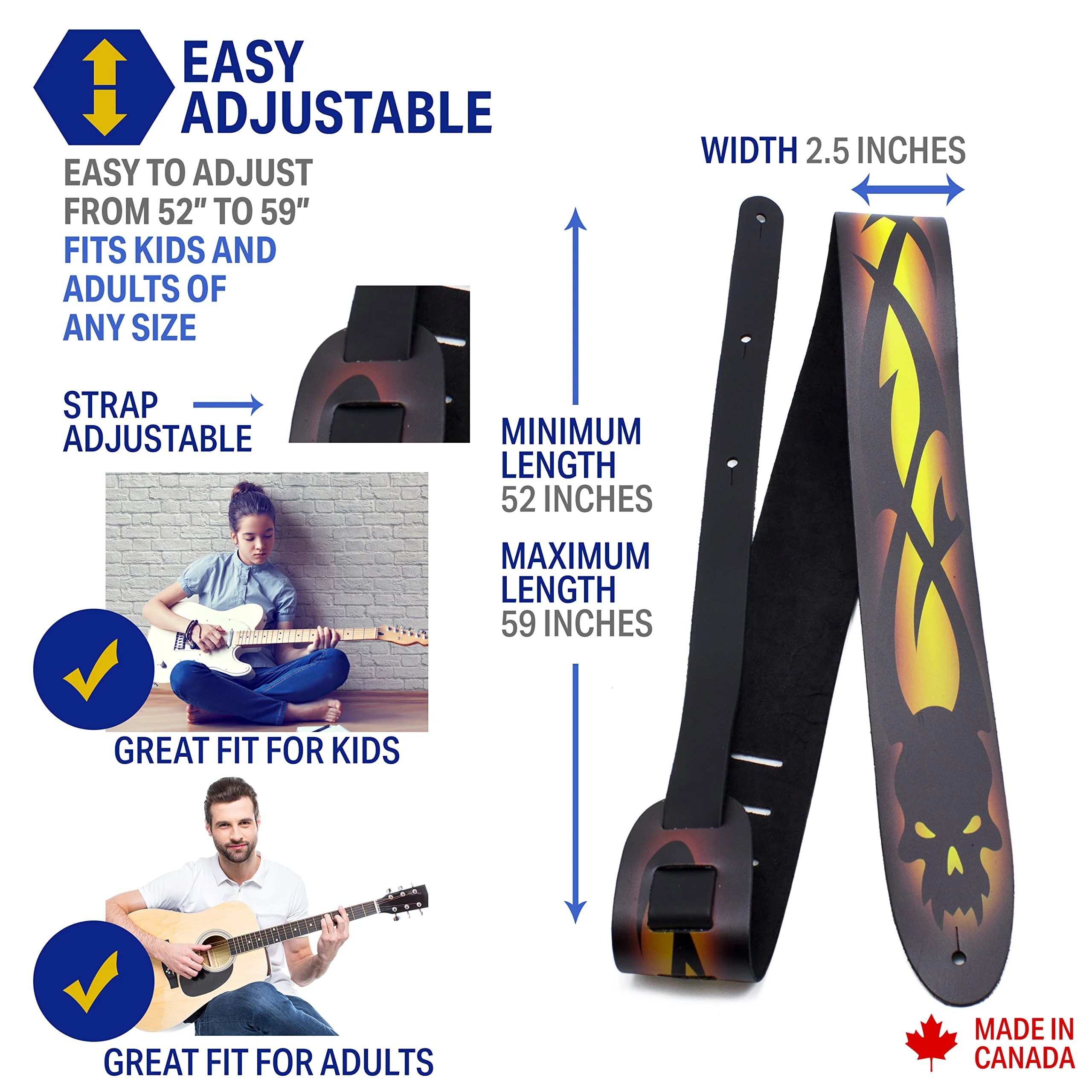 Perri's Leathers Ltd. Direct To Leather Guitar Straps: Bold Designs for Acoustic/Bass/Electric Guitars - Made in Canada Yellow Skull Barbed Wire - Image 3