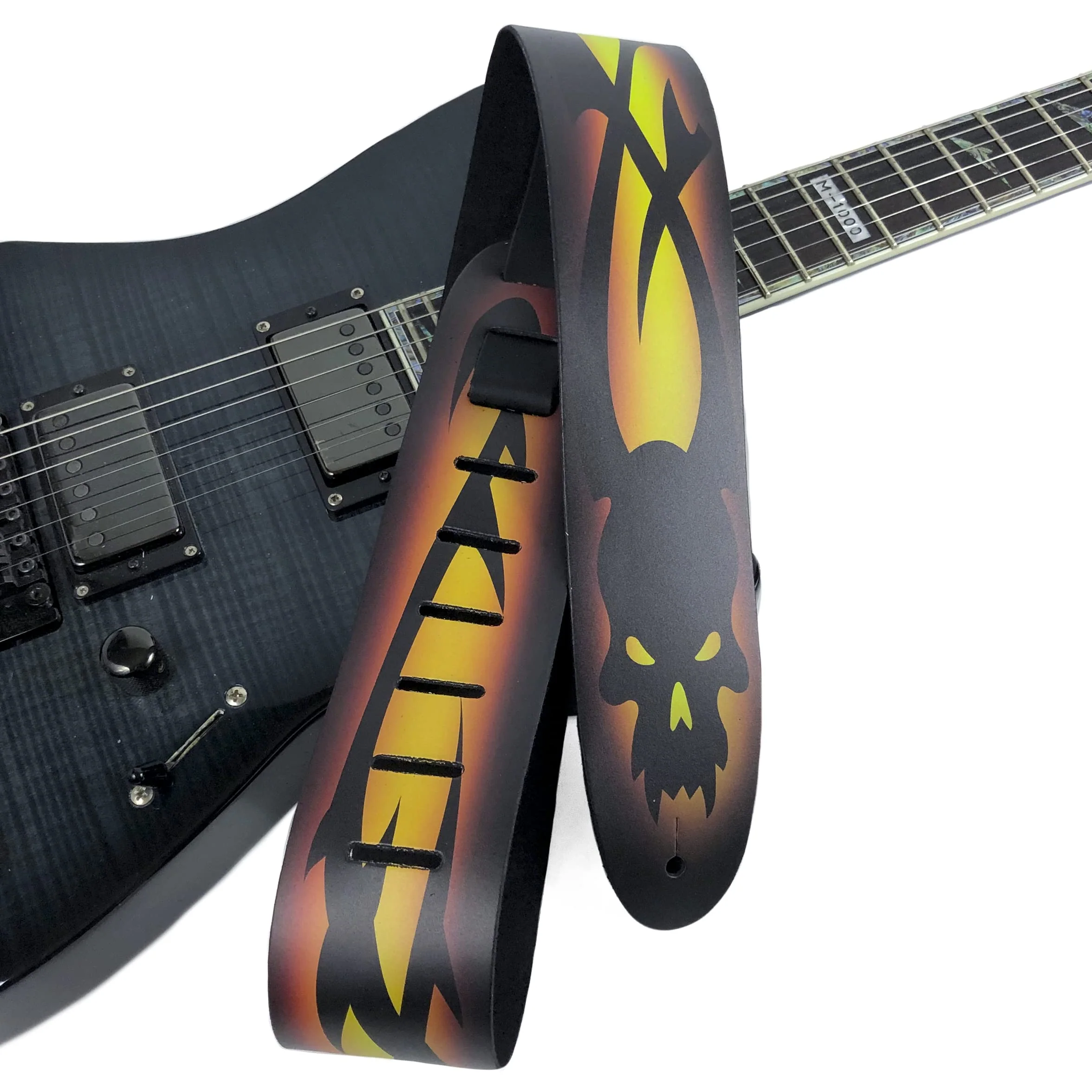 Perri's Leathers Ltd. Direct To Leather Guitar Straps: Bold Designs for Acoustic/Bass/Electric Guitars - Made in Canada Yellow Skull Barbed Wire - Image 5