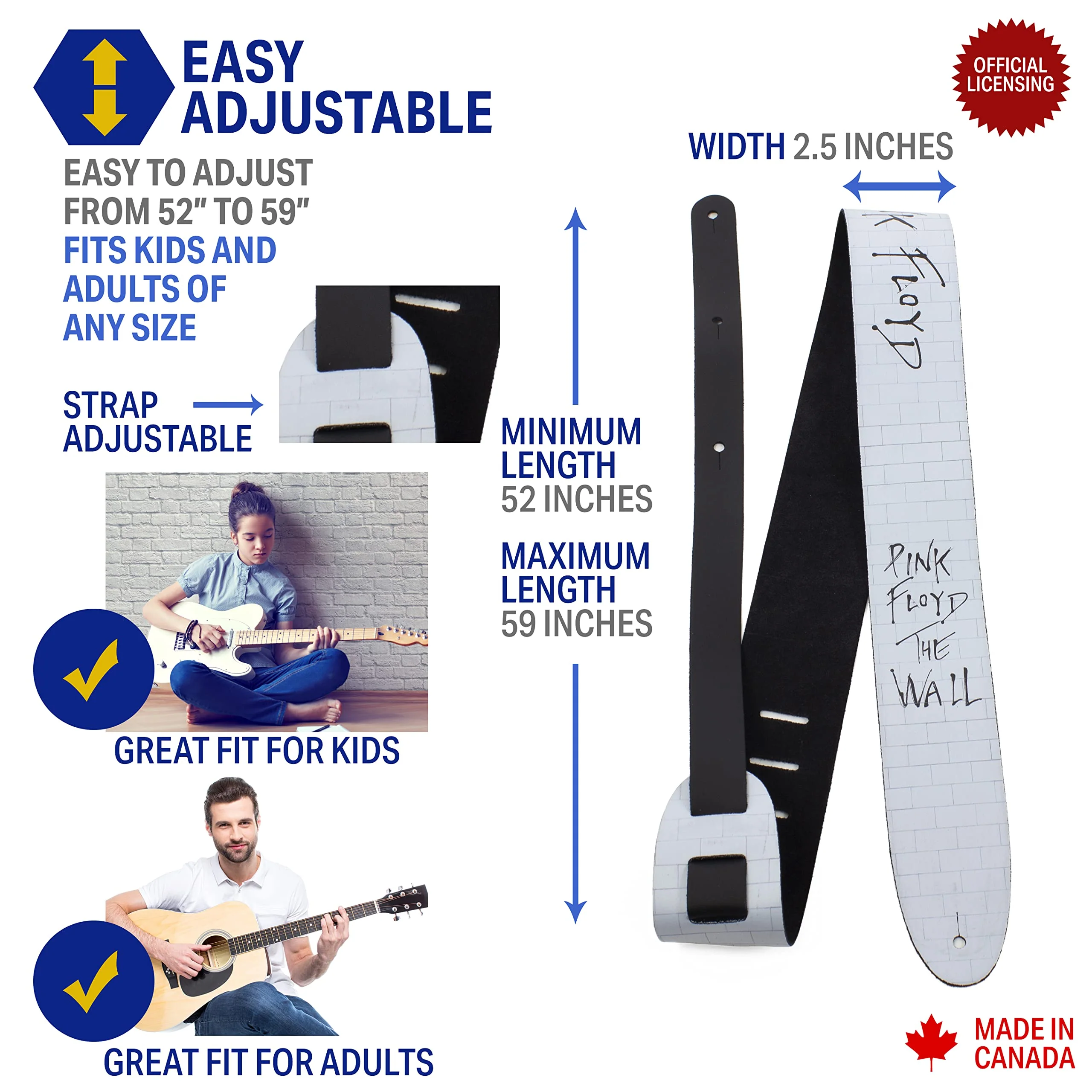 Perri's Leathers Ltd. - Guitar Strap - Direct To Leather - Official Licensing PINK FLOYD - Adjustable - For Acoustic/Bass/Electric Guitars - Made in Canada (DTL25PF-11004) 56" White - Image 2