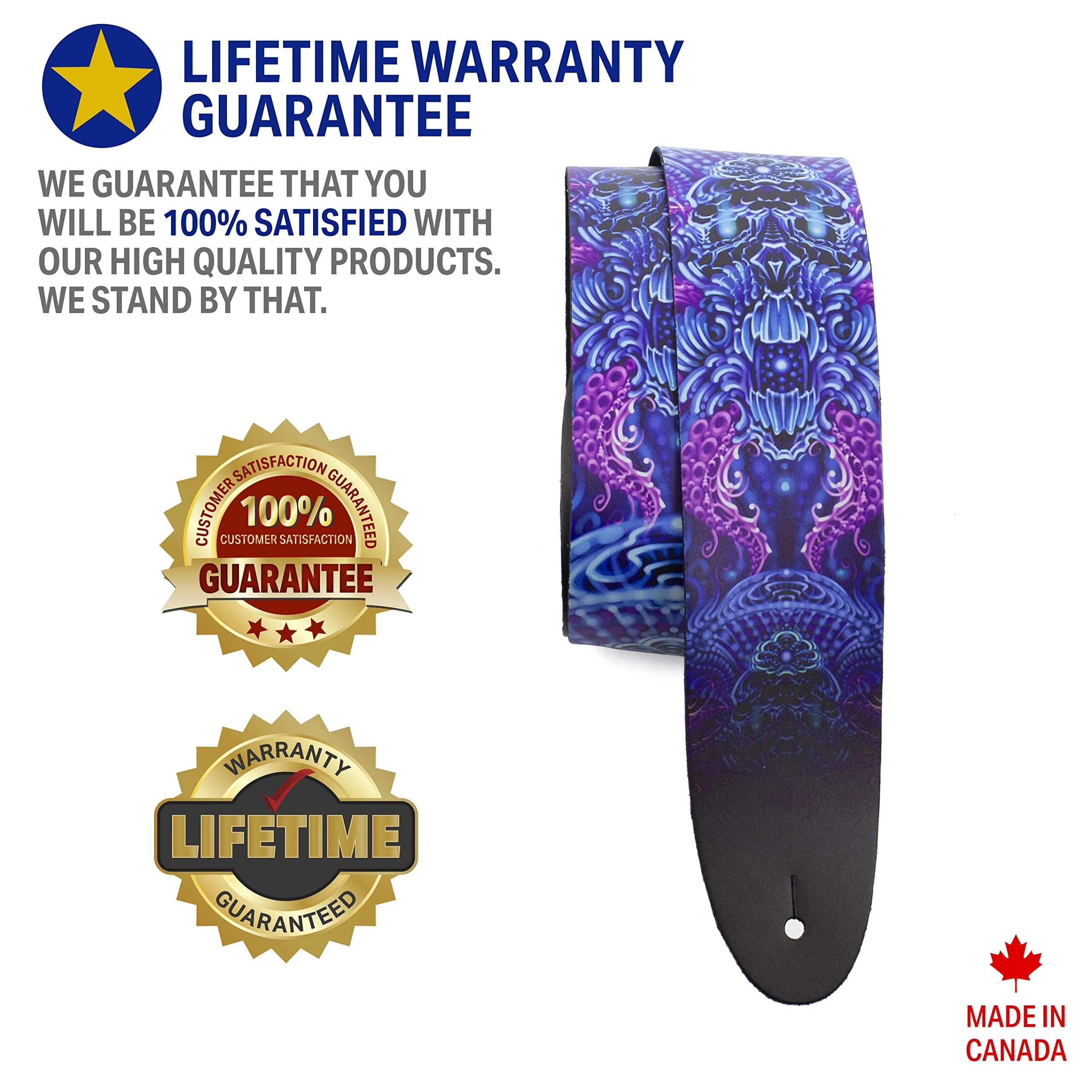 Perri's Leathers, Official David Bolt Prosperity Mandala Licenced Leather Guitar Strap, Direct to Leather Series, Anti-Slip, Adjustable from 42.5" to 56" Inch, Compatible w/All Button Lock Systems 56" Purple - Image 4