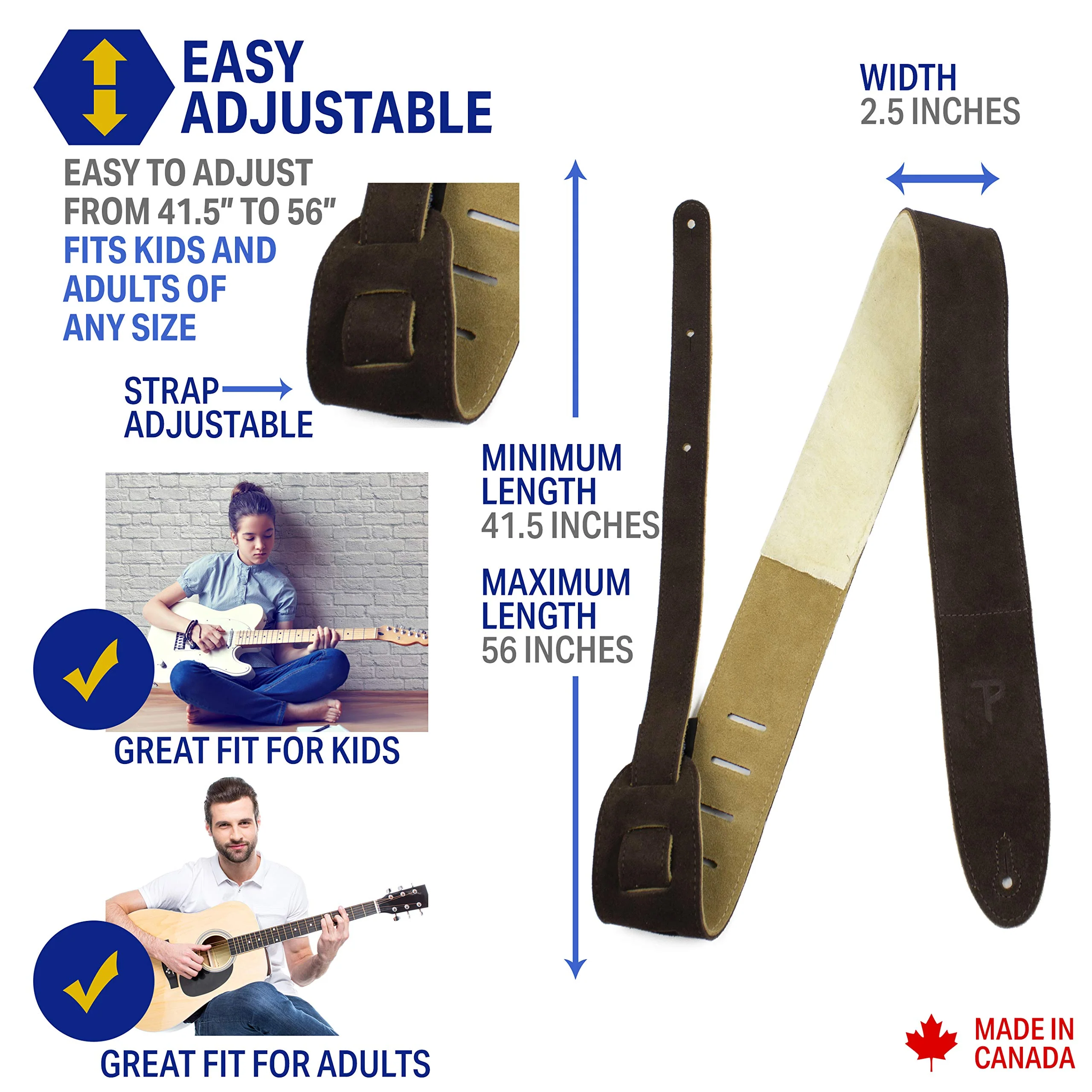 Perri's Leathers Suede Guitar Strap with Sheepskin Pad, Anti-Slip, Adjustable 41"–56", Compatible with All Guitars Brown - Image 2