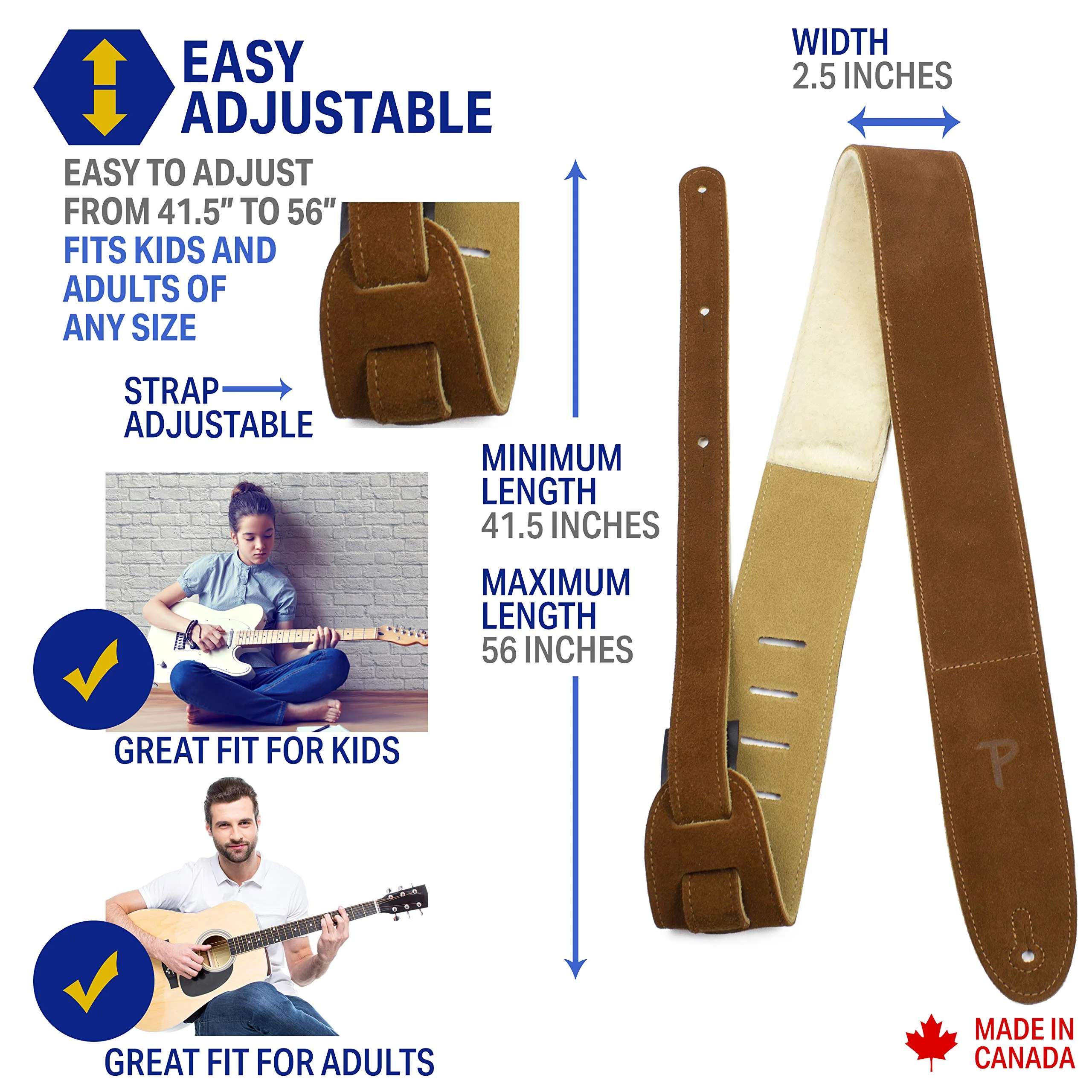 Perri's Leathers Suede Guitar Strap with Sheepskin Pad, Anti-Slip, Adjustable 41"–56", Compatible with All Guitars Natural - Image 2