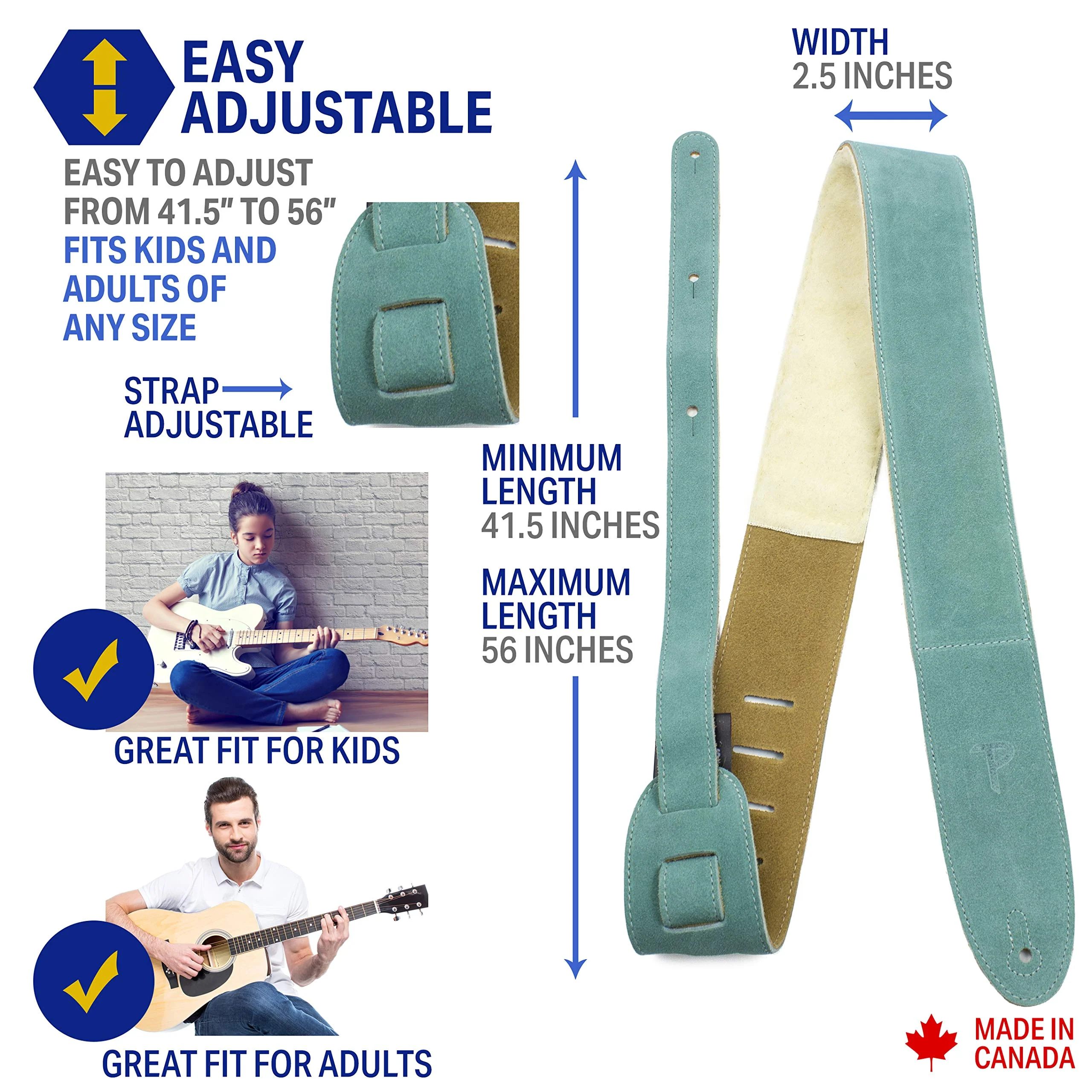 Perri's Leathers Suede Guitar Strap with Sheepskin Pad, Anti-Slip, Adjustable 41"–56", Compatible with All Guitars Teal - Image 2
