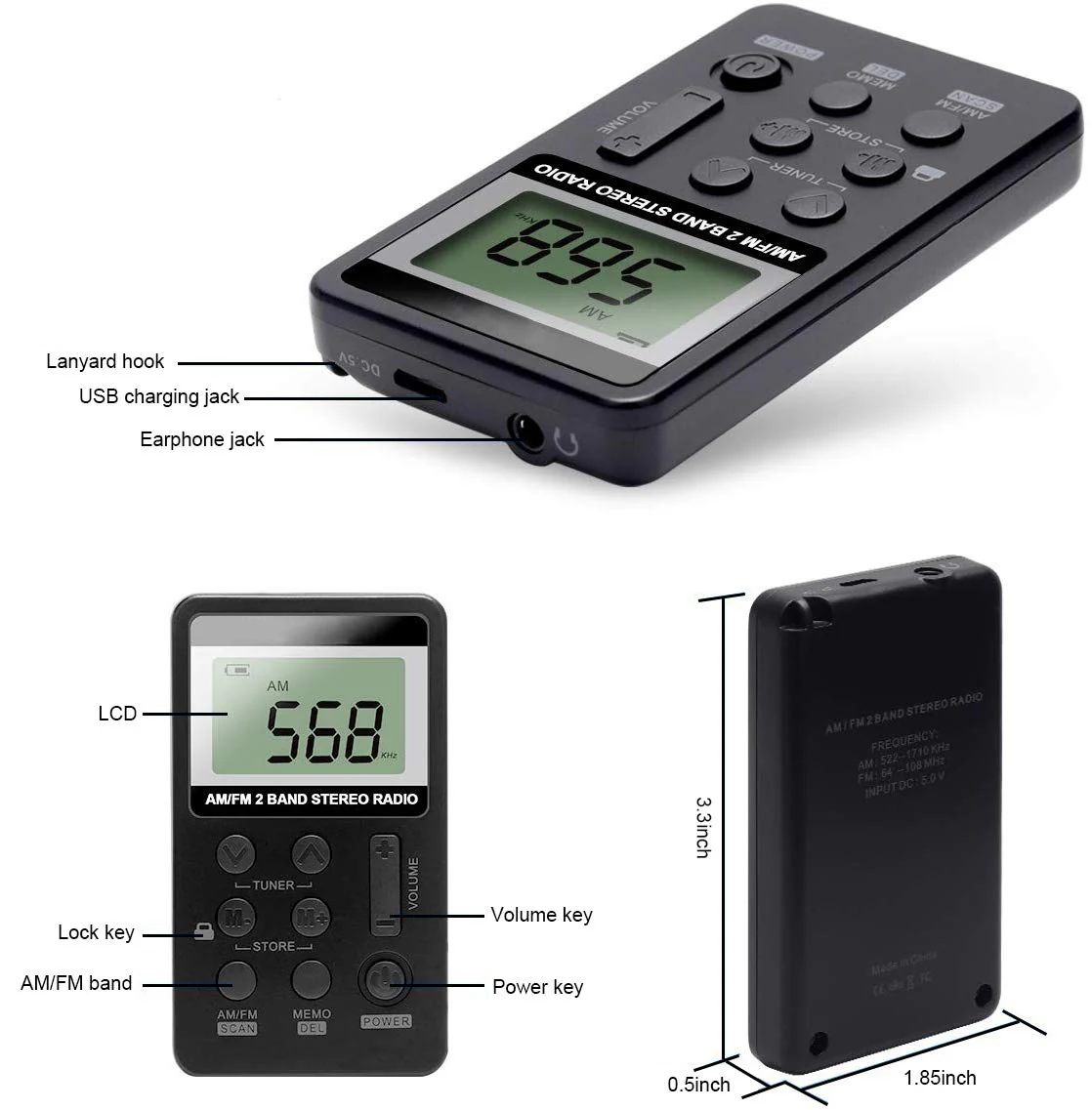 Personal AM/FM Pocket Radio Portable VR-robot, Mini Digital Tuning Radio, with Rechargeable Battery, Earphone, Lock Screen for Walk/Jogging/Gym/Camping - Image 4