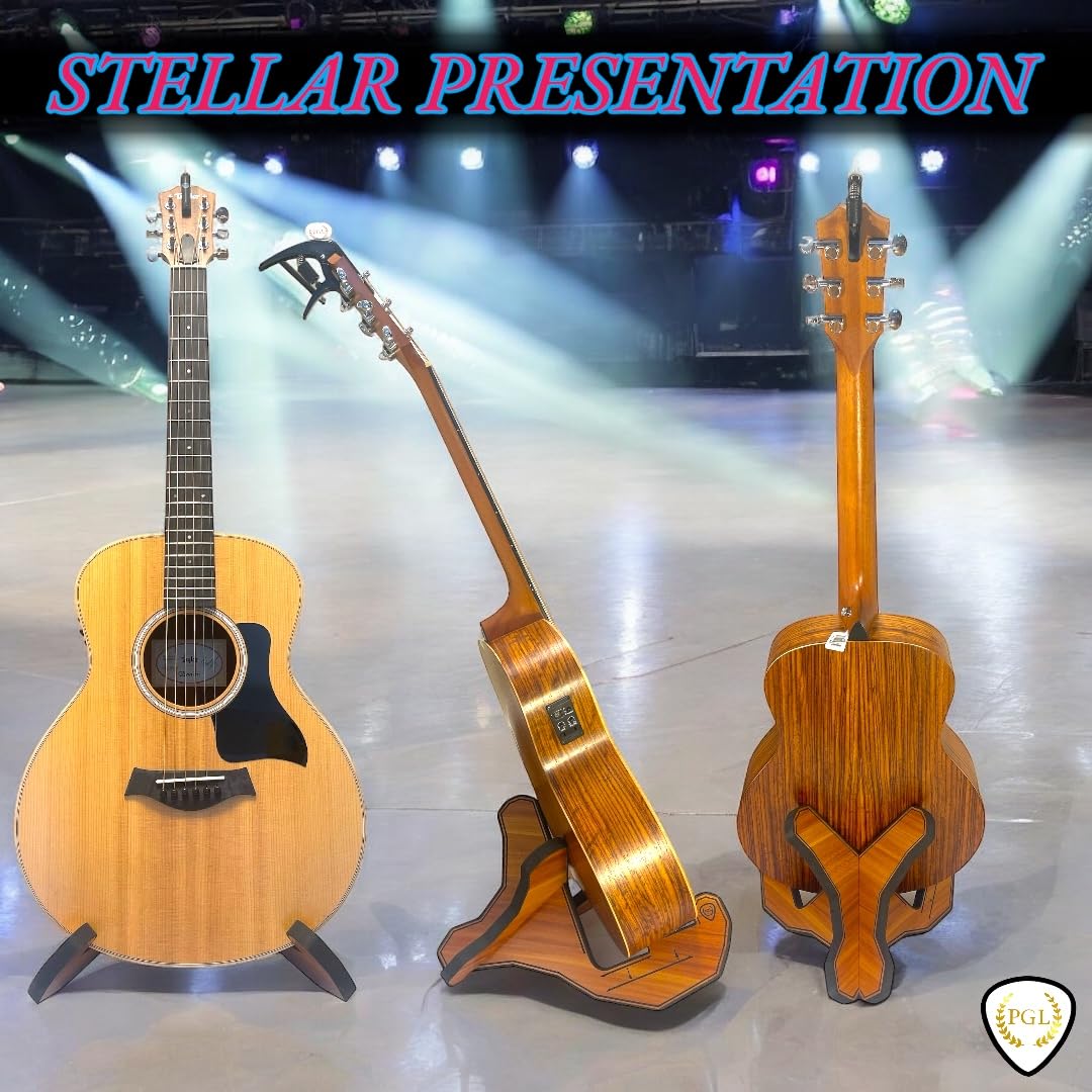 PGL Stepped Wooden Guitar Stand (Floor Stand) w/ Thicker EVA Protective Padding, Thicker Material, Electric Guitar Step, Acoustic Guitar Step, Concave Laser Engraved Diagram and Border, Universal Holder for Acoustic, Bass, Electric & Classical Guitars ... - Image 2