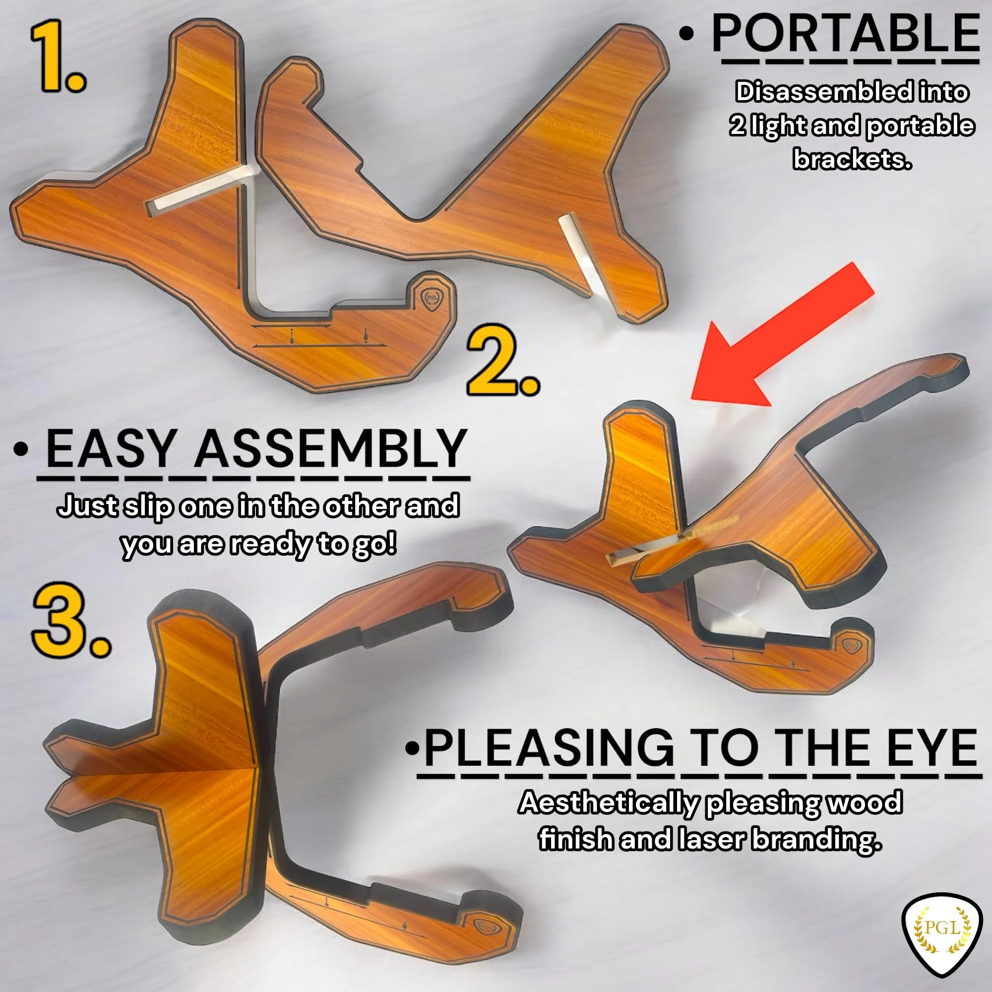 PGL Stepped Wooden Guitar Stand (Floor Stand) w/ Thicker EVA Protective Padding, Thicker Material, Electric Guitar Step, Acoustic Guitar Step, Concave Laser Engraved Diagram and Border, Universal Holder for Acoustic, Bass, Electric & Classical Guitars ... - Image 3