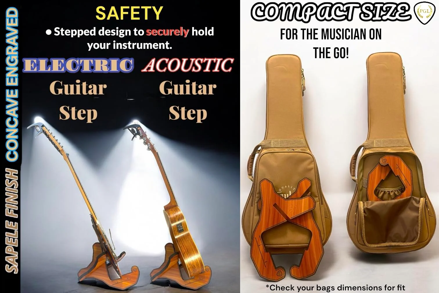 PGL Stepped Wooden Guitar Stand (Floor Stand) w/ Thicker EVA Protective Padding, Thicker Material, Electric Guitar Step, Acoustic Guitar Step, Concave Laser Engraved Diagram and Border, Universal Holder for Acoustic, Bass, Electric & Classical Guitars ... - Image 4