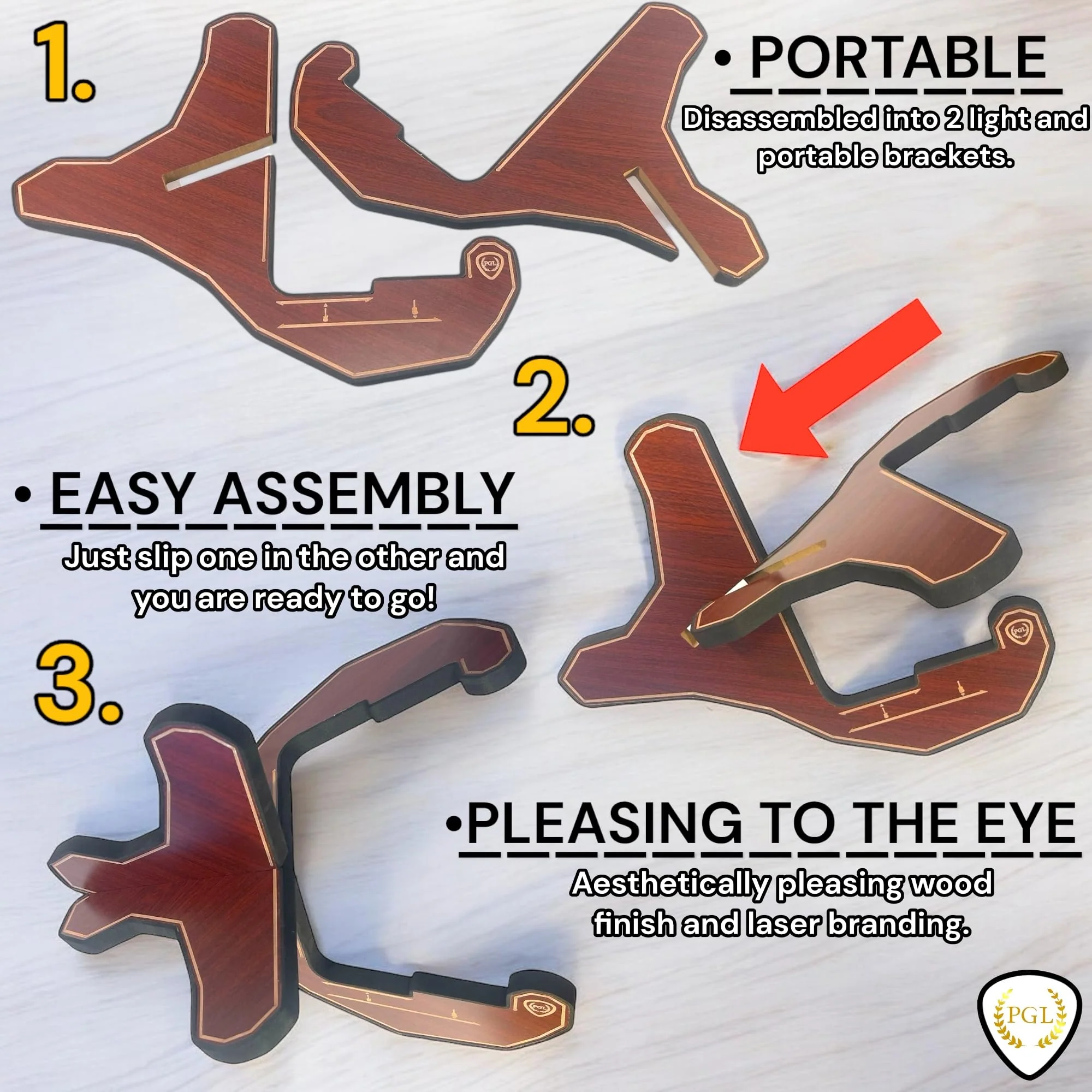 PGL Stepped Wooden Guitar Stand (Floor Stand) w/ Thicker EVA Protective Padding, Thicker Material, Electric Guitar Step, Acoustic Guitar Step, Surface Laser Engraved Diagram and Border, Universal Holder for Acoustic, Bass, Electric & Classical Guitars ... - Image 3