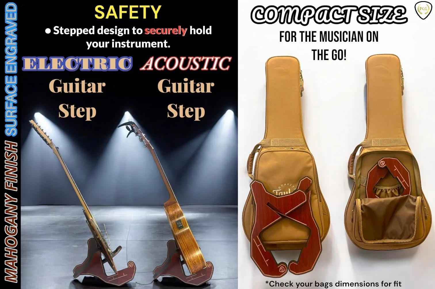 PGL Stepped Wooden Guitar Stand (Floor Stand) w/ Thicker EVA Protective Padding, Thicker Material, Electric Guitar Step, Acoustic Guitar Step, Surface Laser Engraved Diagram and Border, Universal Holder for Acoustic, Bass, Electric & Classical Guitars ... - Image 4