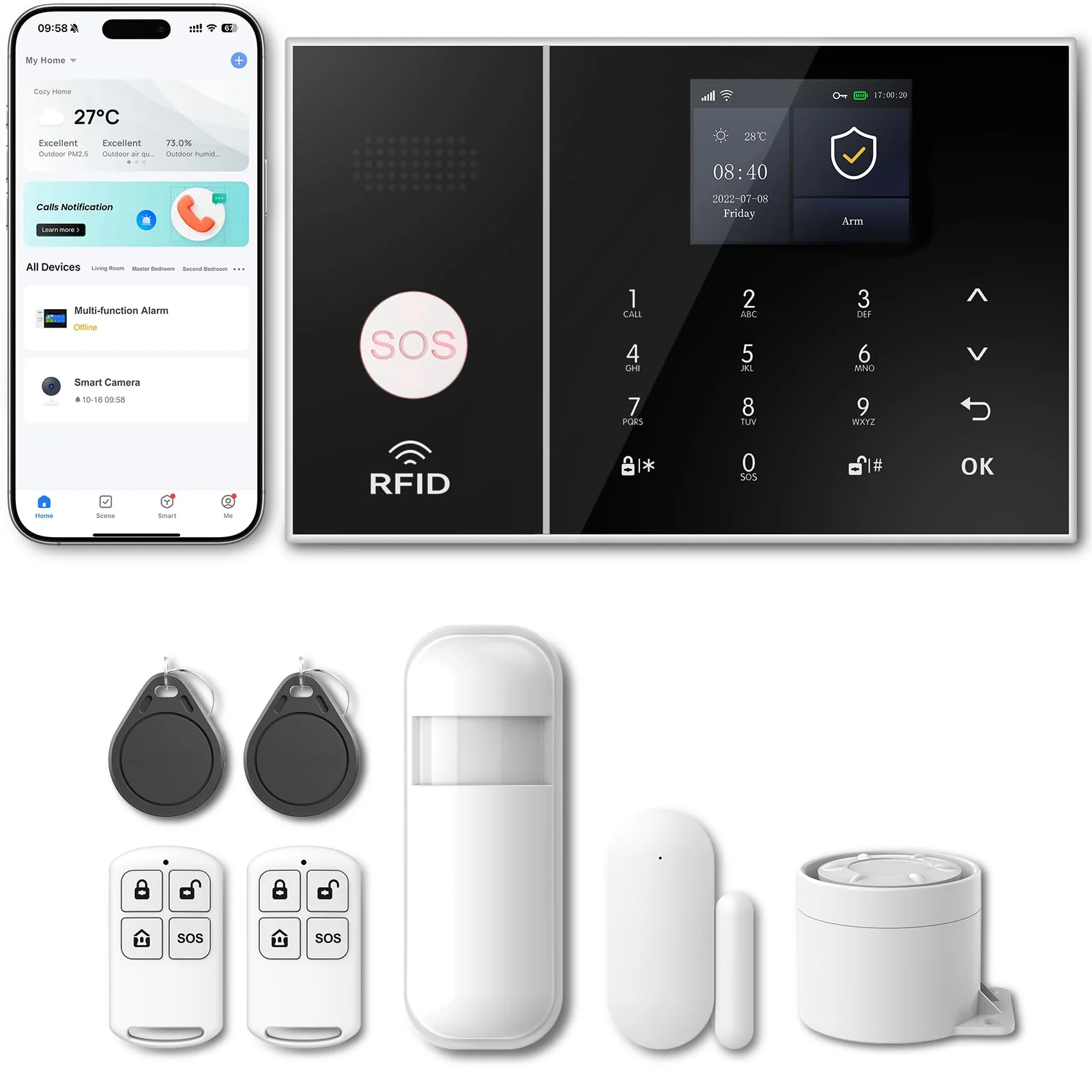 PGST Home Security Systems 8-Piece Kit,Alarm System for Home Security,App Alerts,Door Sensors,Motion Detection,WiFi Alarm,Compatible with Alexa,No Subscription,for Home Security and Kids Safety 8-Kits-A