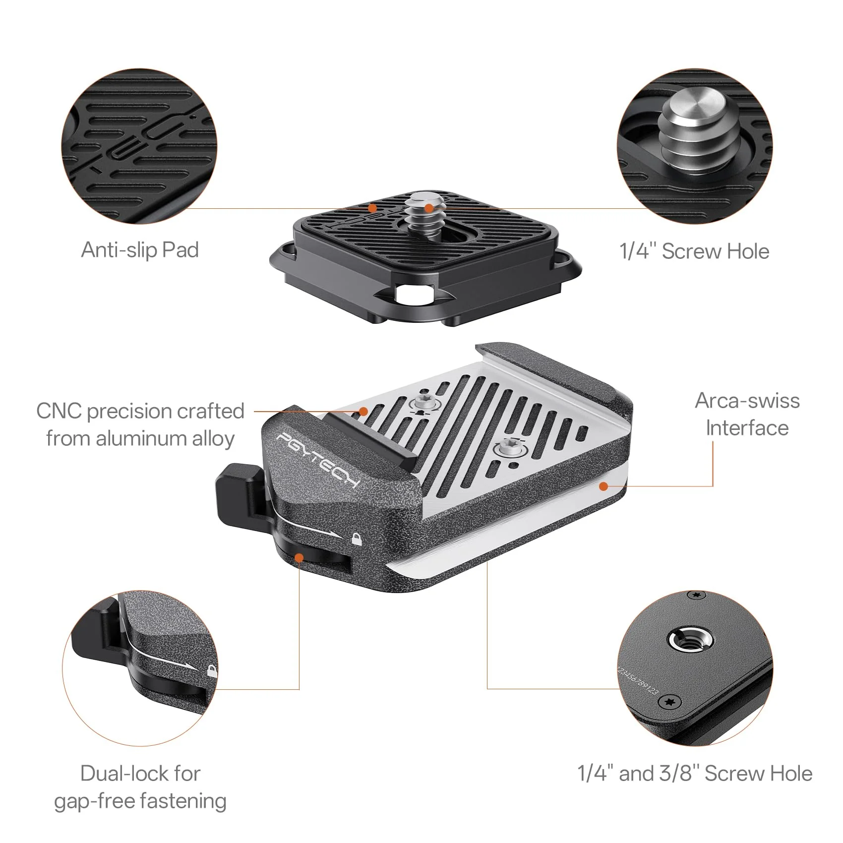 PGYTECH Quick Release Plate & Clamp V2, Arca Swiss Plate Camera Mount Adapter with 1/4" to 3/8" Screw Thread for Sony/Nikon/Fuji/Canon/DJI Switch Between Tripod/Monopod/Slider/Stabilizer Clamp & Plate V2 - Image 2