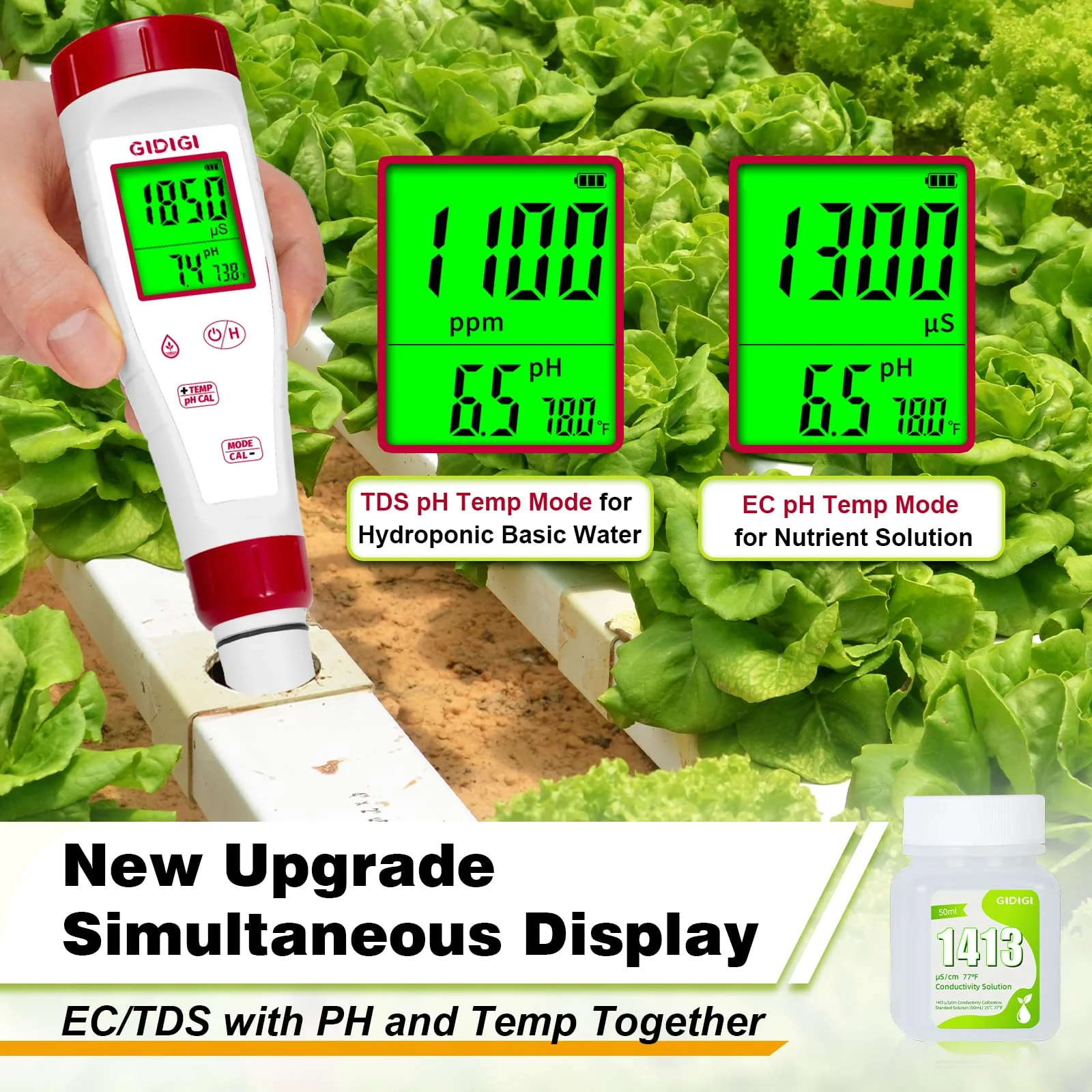 pH Meter for Hydroponic Water,Digital EC ppm Tester for Nutrients,pH TDS Reader 4 in 1 with 1413 μs/cm Calibration Solution,High-Sensitivity Backlit Display for Drinking Water,DWC,Indoor Plants 4 in 1 pH Meter with Calibration Solution - Image 2