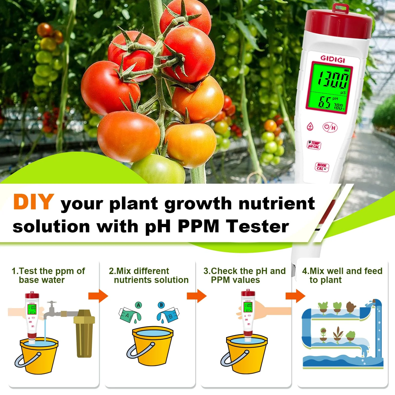 pH Meter for Hydroponic Water,Digital EC ppm Tester for Nutrients,pH TDS Reader 4 in 1 with 1413 μs/cm Calibration Solution,High-Sensitivity Backlit Display for Drinking Water,DWC,Indoor Plants 4 in 1 pH Meter with Calibration Solution - Image 3
