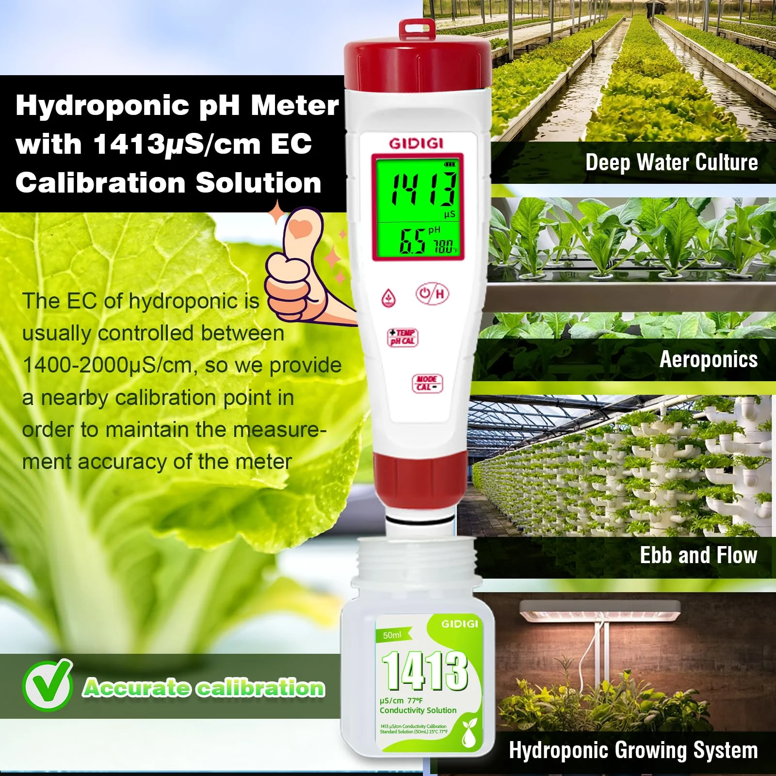 pH Meter for Hydroponic Water,Digital EC ppm Tester for Nutrients,pH TDS Reader 4 in 1 with 1413 μs/cm Calibration Solution,High-Sensitivity Backlit Display for Drinking Water,DWC,Indoor Plants 4 in 1 pH Meter with Calibration Solution - Image 5