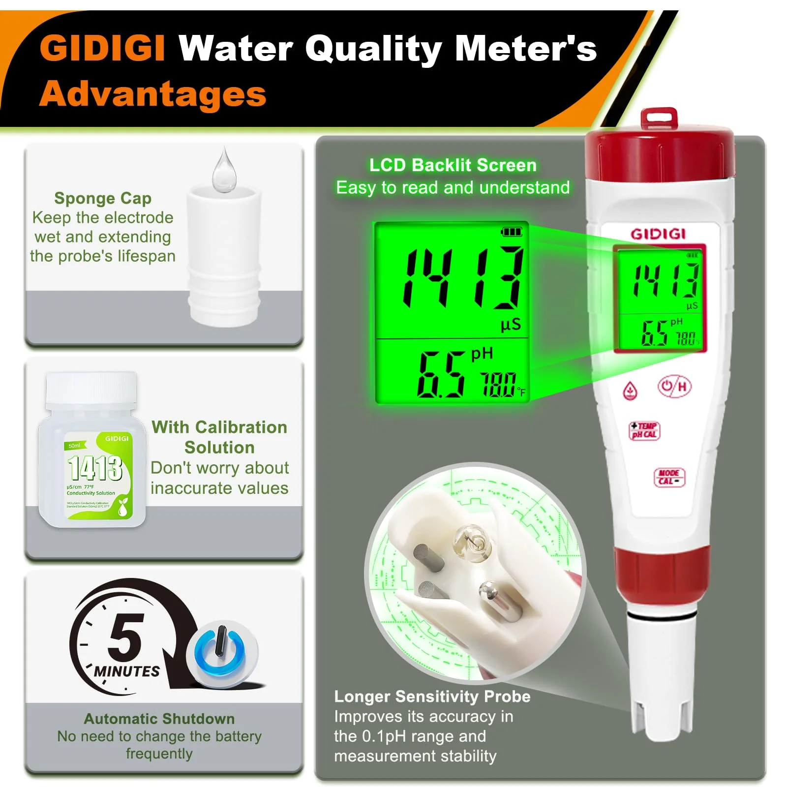 pH Meter for Hydroponic Water,Digital EC ppm Tester for Nutrients,pH TDS Reader 4 in 1 with 1413 μs/cm Calibration Solution,High-Sensitivity Backlit Display for Drinking Water,DWC,Indoor Plants 4 in 1 pH Meter with Calibration Solution - Image 6