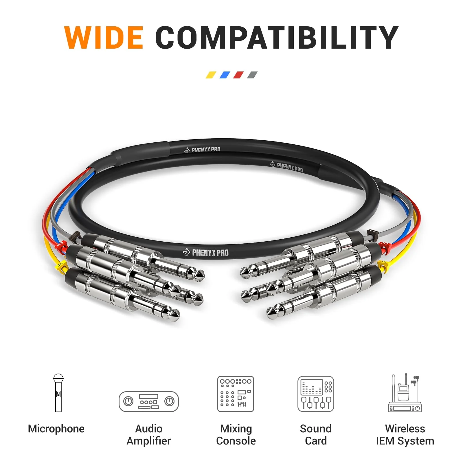 Phenyx Pro 4-Channel TRS Snake Cable, Color-Coded Patch w/24 AWG OFC Copper, 3 Ft Cable, 1/4" Audio Cable, TRS to TRS Balanced 1/4-Inch for Guitar, Bass & AMP (PCBL-QR4IN1-3) 3 Feet - Image 6