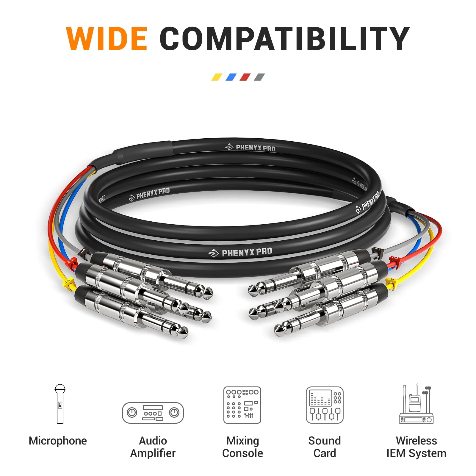 Phenyx Pro 4-Channel TRS Snake Cable, Color-Coded TRS Patch Cable w/24 AWG OFC Copper, 10 Ft, 1/4" Audio Cable, TRS to TRS Balanced 1/4-Inch Cable for Guitar, Bass & AMP (PCBL-QR4IN1-10) 10 Feet - Image 6