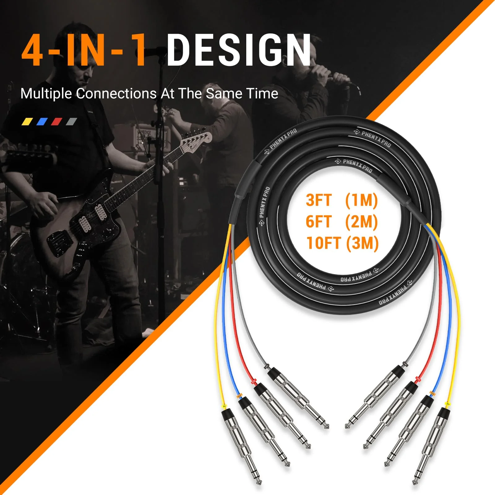 Phenyx Pro 4-Channel TRS Snake Cable, Color-Coded TRS Patch w/24 AWG OFC Copper, 6 Ft, 1/4" Audio Cable, TRS to TRS Balanced 1/4-Inch Cable for Guitar, Bass & AMP (PCBL-QR4IN1-6) 6 Feet - Image 2
