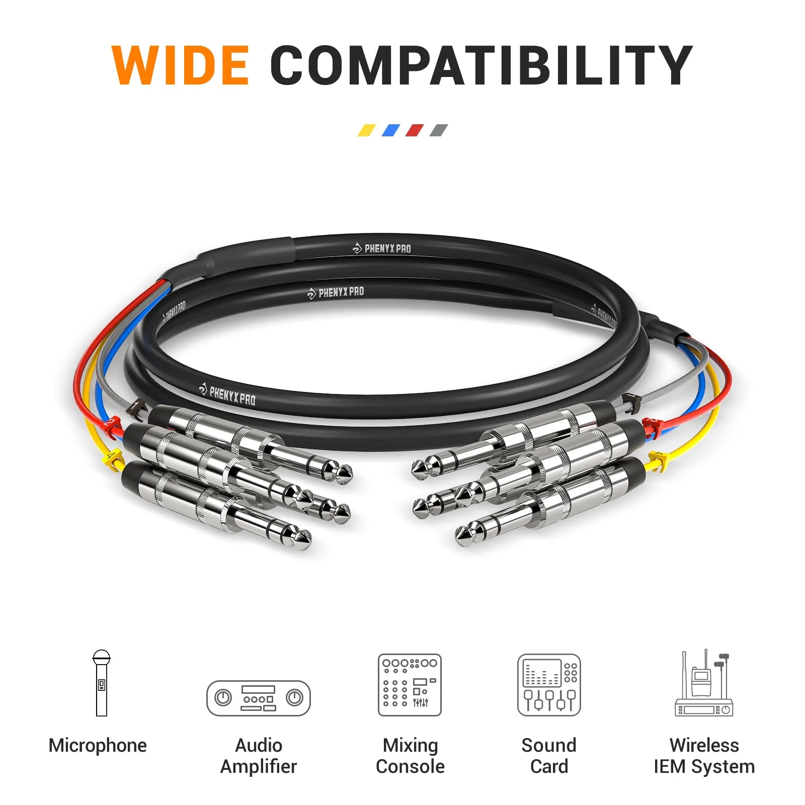 Phenyx Pro 4-Channel TRS Snake Cable, Color-Coded TRS Patch w/24 AWG OFC Copper, 6 Ft, 1/4" Audio Cable, TRS to TRS Balanced 1/4-Inch Cable for Guitar, Bass & AMP (PCBL-QR4IN1-6) 6 Feet - Image 6