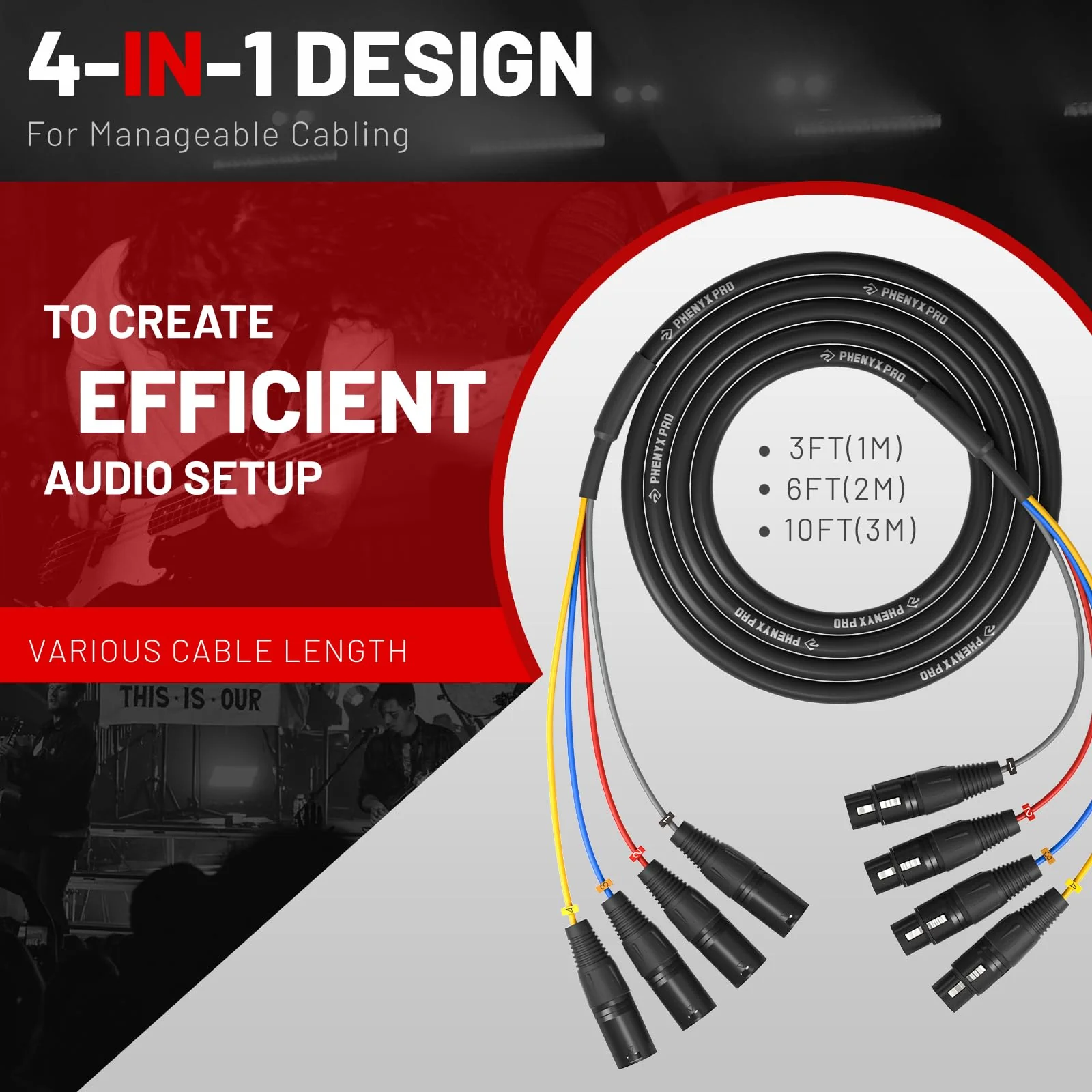 Phenyx Pro 4-Channel XLR Cable, 6 Ft Snake Cable, Balanced Microphone Cord, XLR Splitter, Color-Coded, 4-in-1 Design, 3-PIN Male to Female Patch Wire, w/OFC Copper (PCBL-4IN1-6) 6 Feet - Image 2