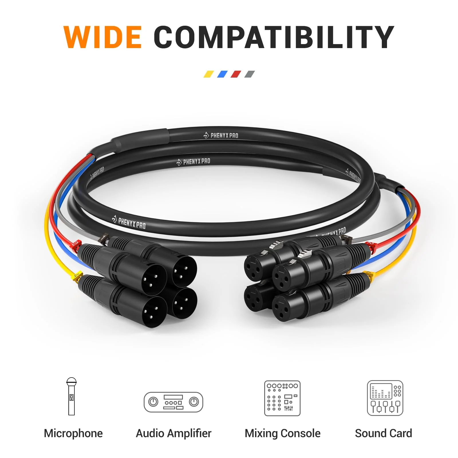 Phenyx Pro 4-Channel XLR Snake Cable, Color-Coded Male to Female Patch Wire w/OFC Copper, 6 Ft XLR Splitter Cable, Balanced Microphone Cable for DJ Mixers, IEM & Mic Systems (PCBL-4IN1-6) 6 Feet - Image 6