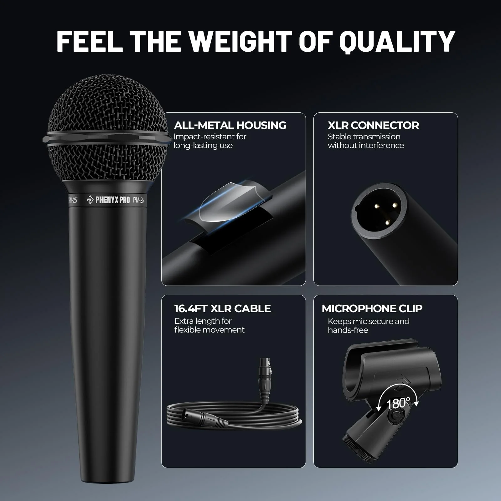 Phenyx Pro Dynamic Vocal Microphone, Cardioid Microphone with 16.4 ft XLR Cable, Mic Clip, Storage Bag, Wired Handheld Mic for Singing, Stage, Studio, Karaoke (PM-25) - Image 5