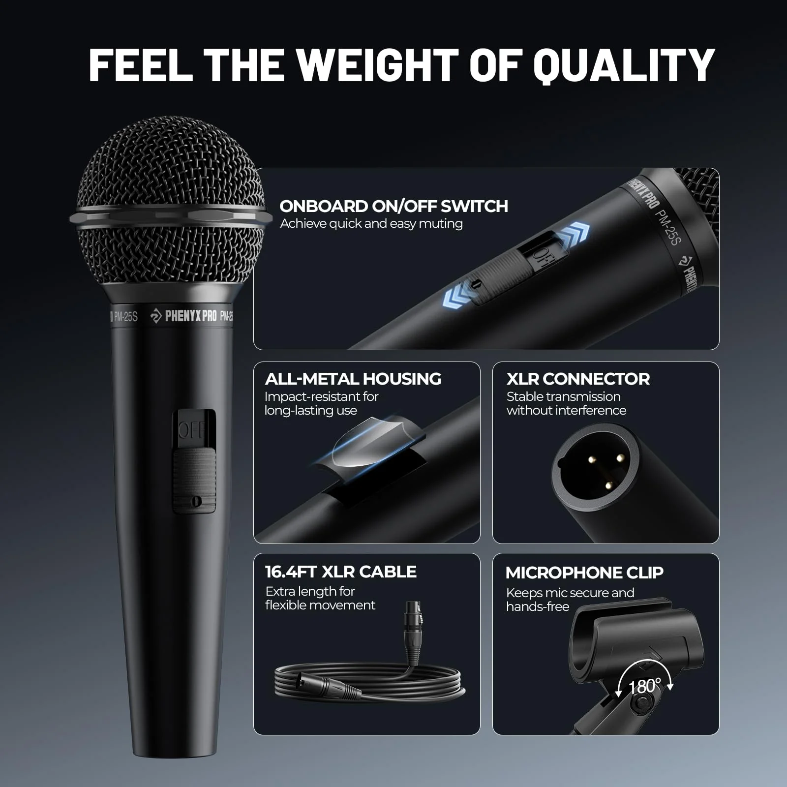 Phenyx Pro Dynamic Vocal Microphone, Cardioid Microphone with ON/Off Switch, 16.4 ft XLR Cable, Mic Clip, Storage Bag, Wired Handheld Mic for Singing, Stage, Studio, Karaoke (PM-25S) - Image 5