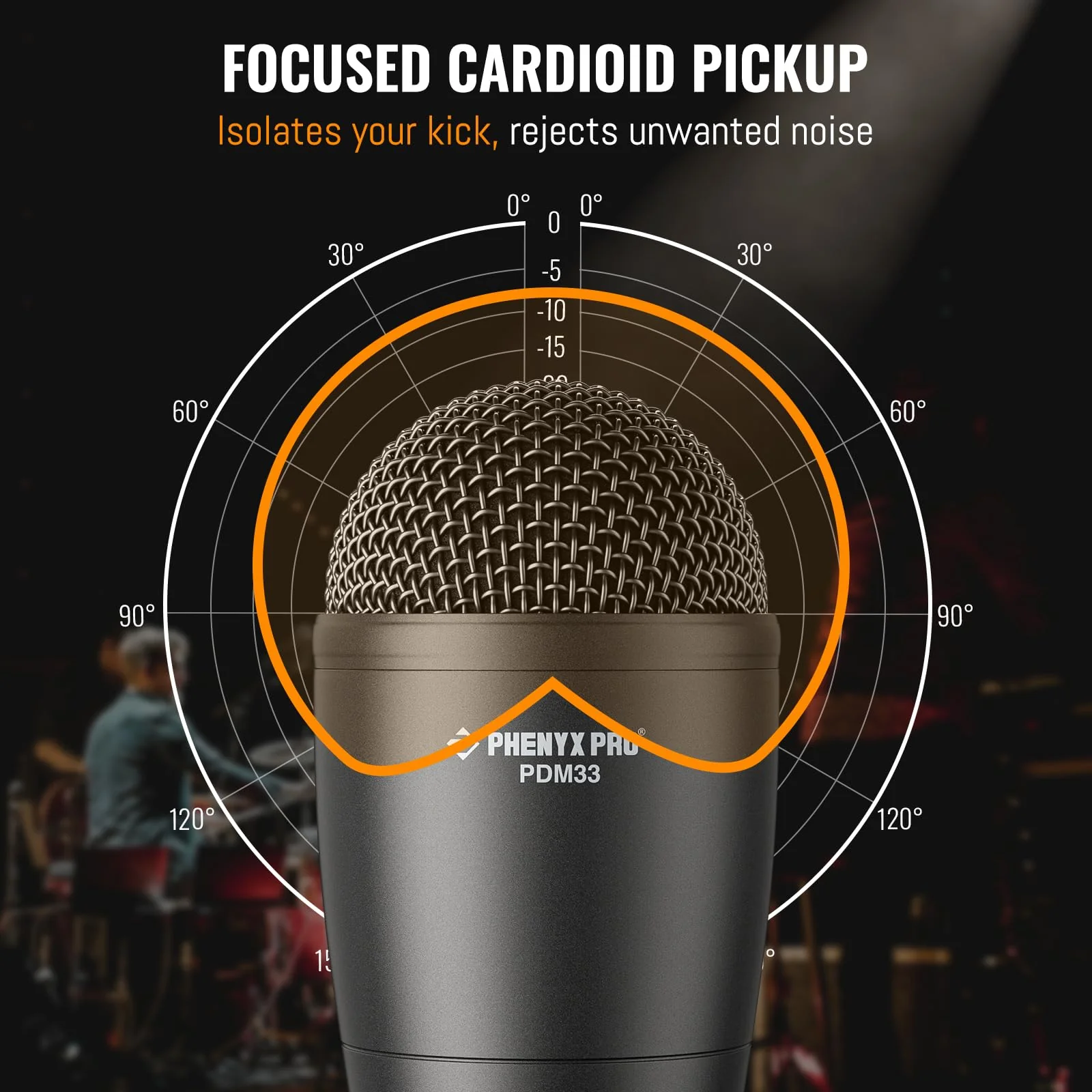 Phenyx Pro PDM33 Kick Drum Microphone, Cardioid Dynamic Mic with Locking Stand Adapter, Integral XLR Connector, and Metal Mesh Grille - Image 4