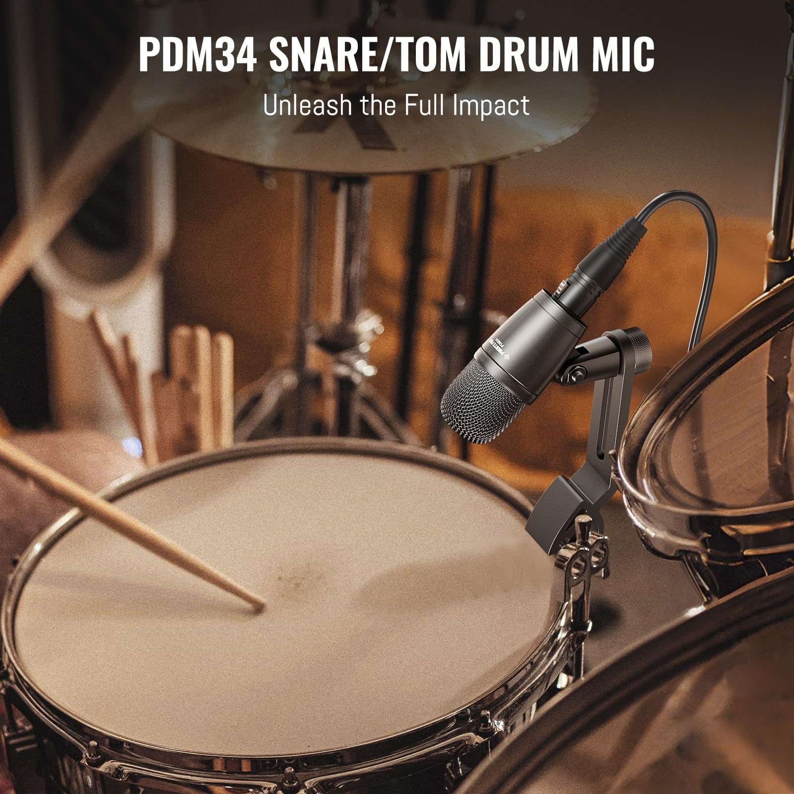 Phenyx Pro PDM34 Snare Drum Mic, Cardioid Dynamic Microphone with Clip-on Microphone Clamp, Integral Stand Mount, and Long-Lasting Metal Housing - Image 2