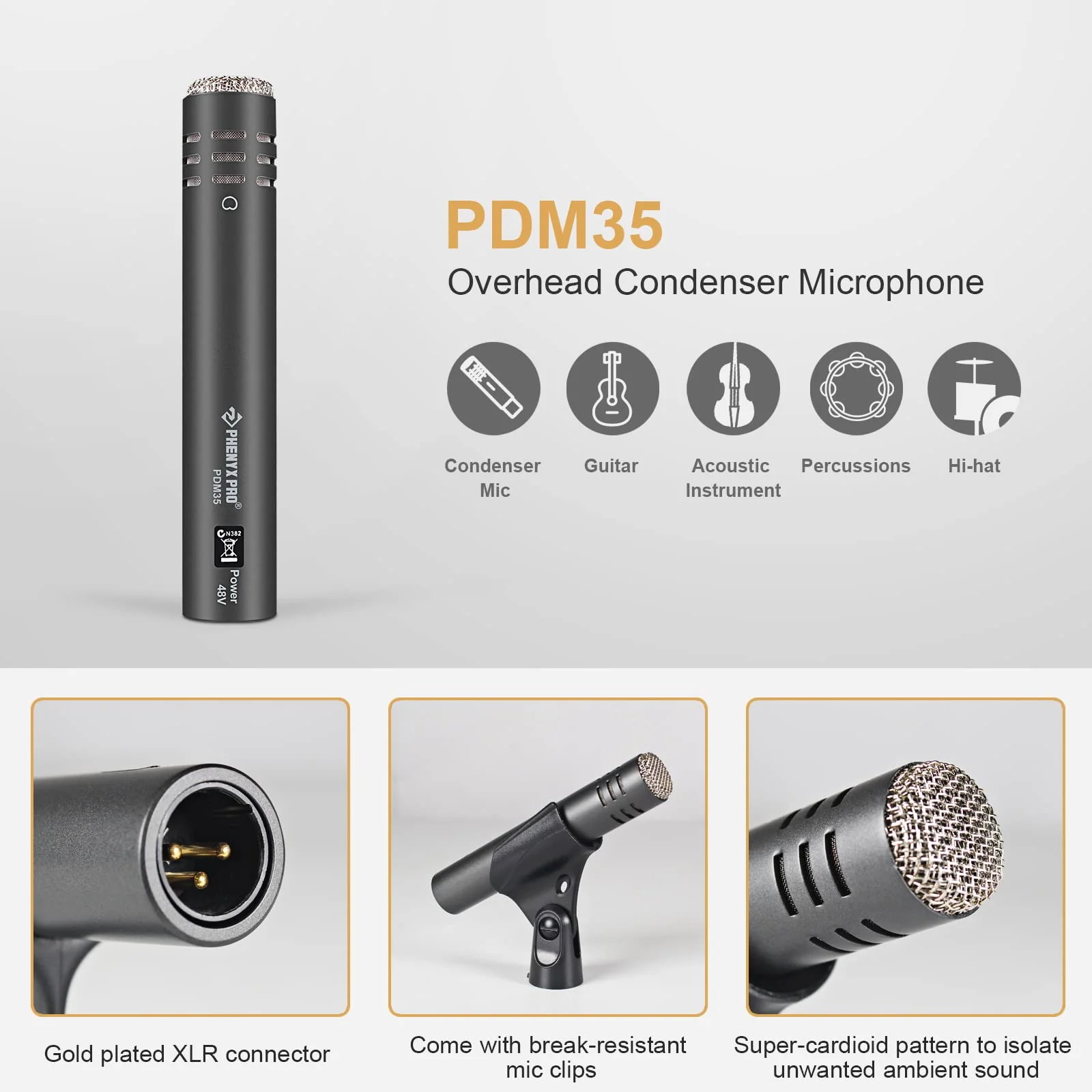 Phenyx Pro PDM35 Overhead Condenser Drum Mic, Super-Cardioid Microphone with Wide Frequency Response Range, Pencil Type for Hi-Hat, Percussions, and String Instruments - Image 2