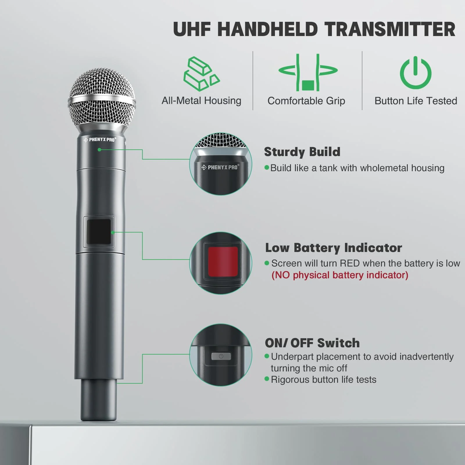 Phenyx Pro Professional Wireless Microphone, 914.9MHz UHF Dynamic Microphone, Metal Cordless Mic, Handheld Mic Transmitter for PTU-5000/PTU-4000 Series (PWH-5-914.9) - Image 2