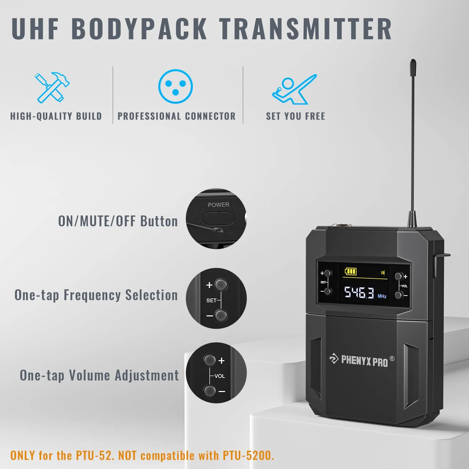 Phenyx Pro PTU-52 Wireless UHF BodyPack Transmitter with 3-Pin XLR Jack & Selectable 30 Frequencies, Compatible with PTU-52 Wireless Microphone System - Image 2
