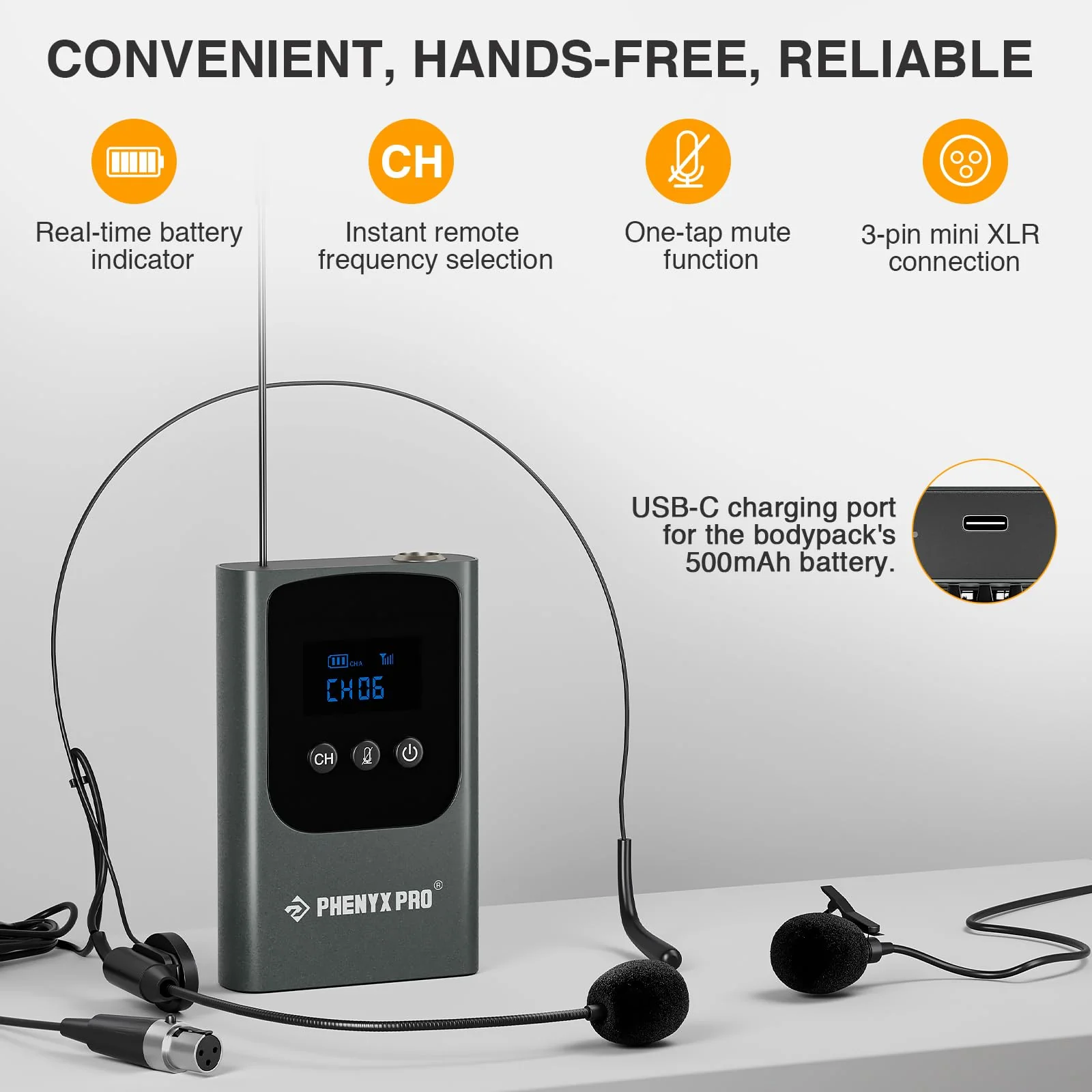 Phenyx Pro Single Digital Wireless Microphone System, w/Mini Receiver, Bodypack Transmitter,15 Channels in 900MHz UHF Band, Headset/Lapel Microphone for Karaoke, Singer, Church, Wedding (PDP-1-1B) - Image 4