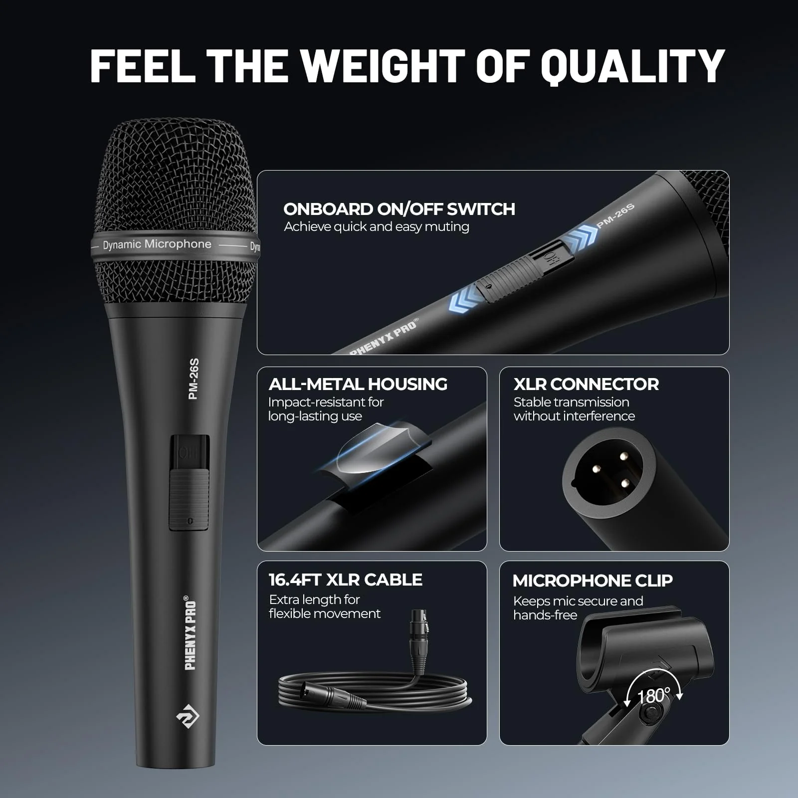 Phenyx Pro Vocal Microphone, Supercardioid Dynamic Mic with 16.4 ft XLR Cable, Mic Clip, Storage Bag, Wired Handheld Microphone for Singing, Stage, Studio, Karaoke (PM-26S) - Image 5