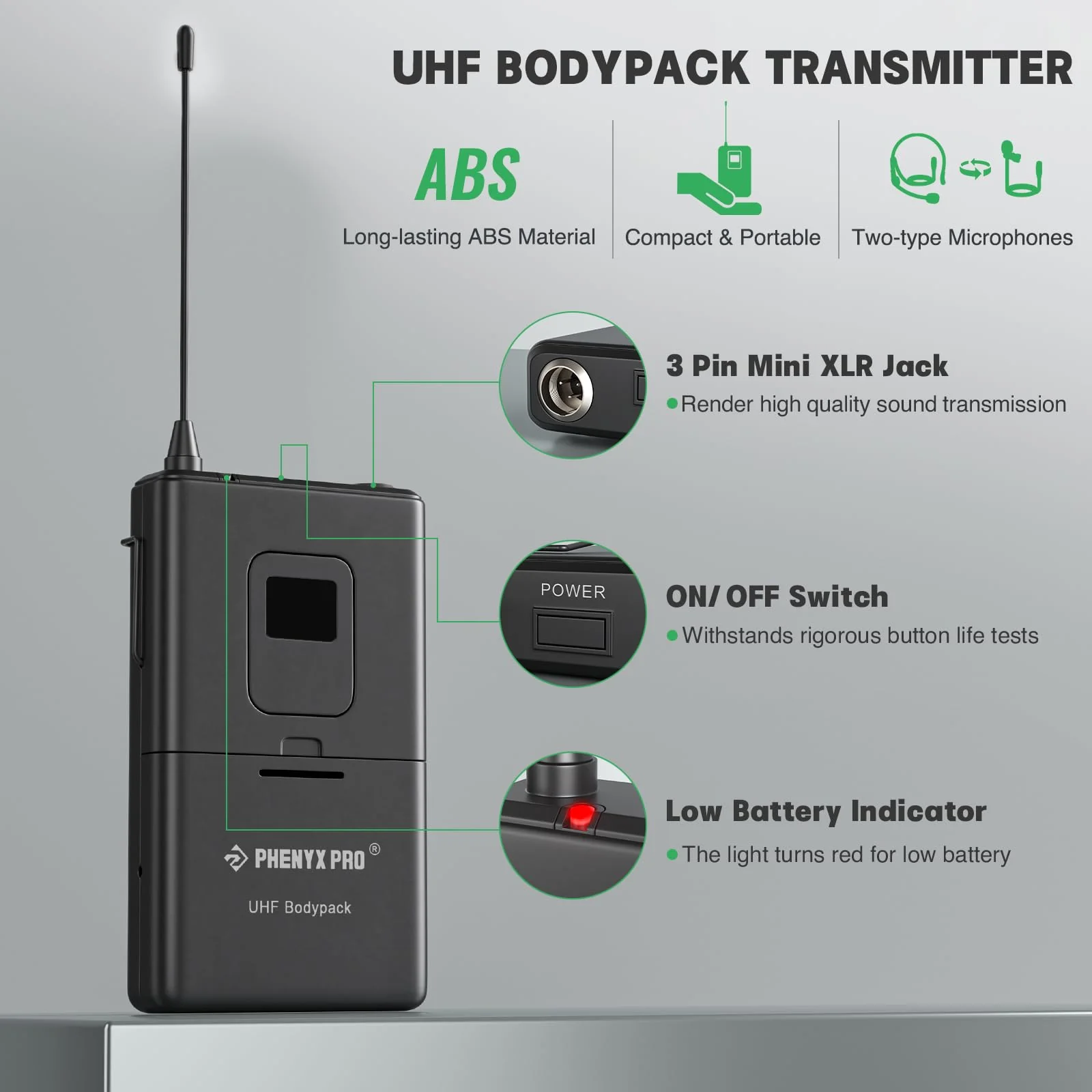 Phenyx Pro Wireless Bodypack Transmitter, 914.9MHz UHF Cardioid Pattern Wireless BodyPack Microphone, Fixed Frequency, 260 FT Range, for PTU-5000/PTU-4000 Series (PWB-5-914.9) - Image 4