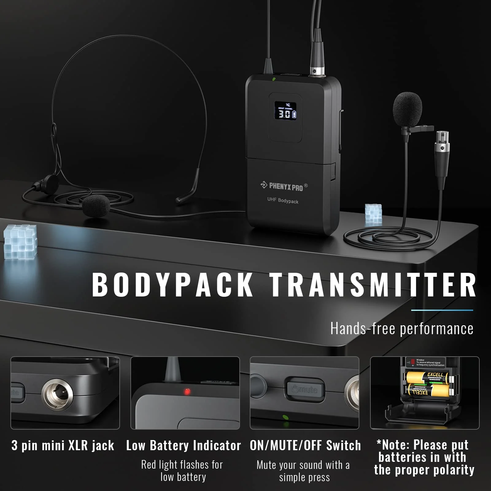 Phenyx Pro Wireless Bodypack Transmitter, UHF Bodypack Microphone for PTU-71/PTU-7000/PTU-6000, with Selectable Frequencies, Mute Function (PWB-7) - Image 2