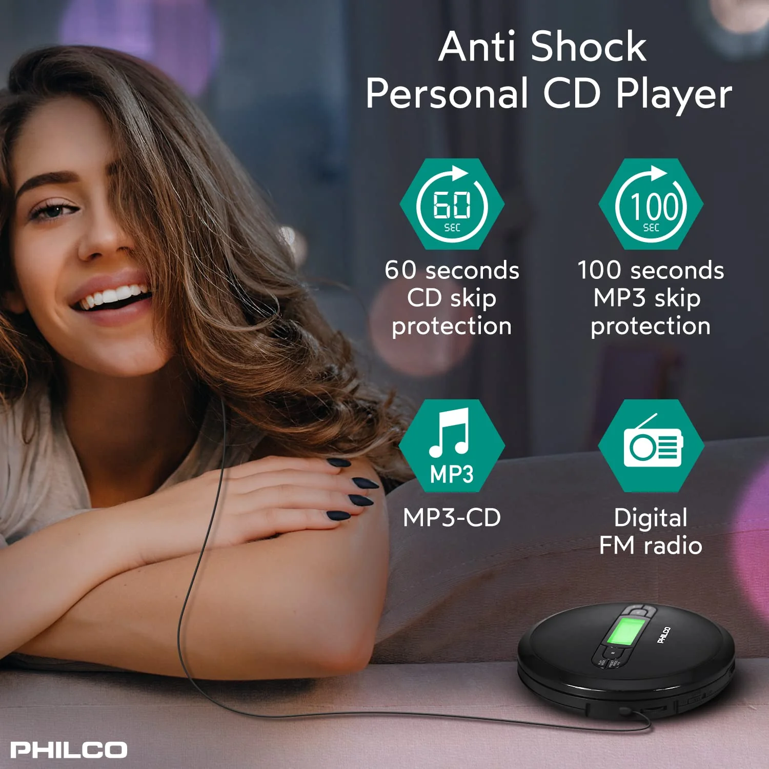 PHILCO Personal CD Player with MP3 Playback, FM Radio & 60 Second Anti-Shock - Image 2