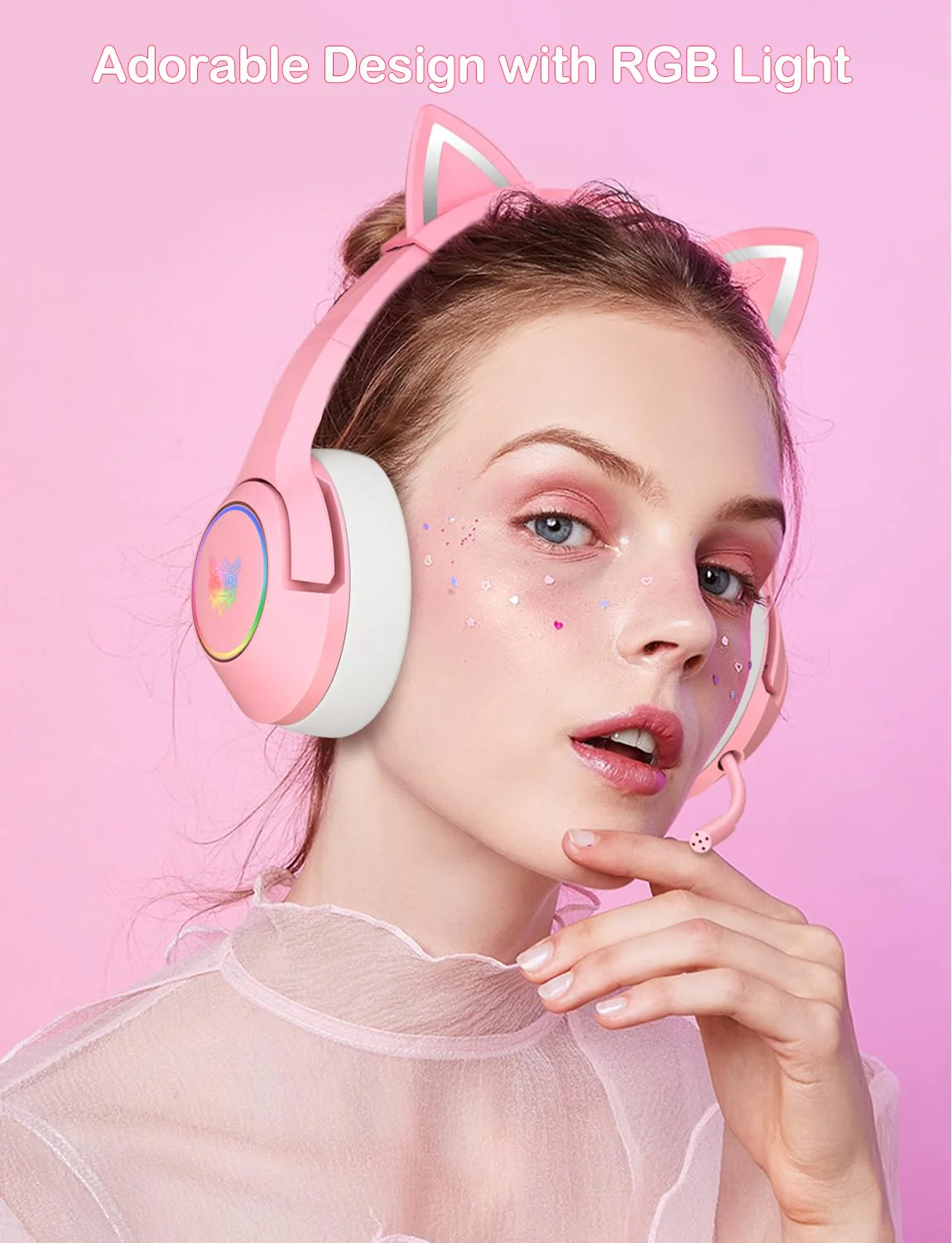 PHNIXGAM Cat Ear Gaming Cute Headset, Wired Over-Ear Headphones with Retractable Microphone, Surround Sound, LED Backlight for PS4, PS5, PC, Mobile Phone (Light Pink) A Pink 3.5mm - Image 2