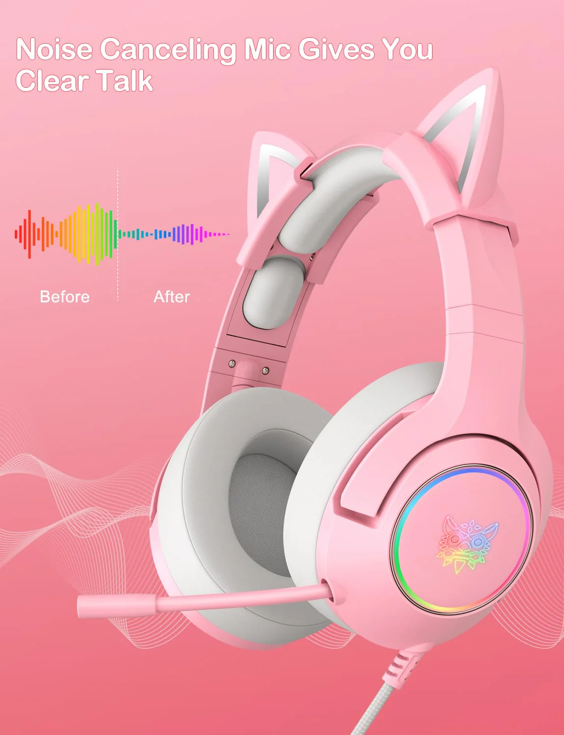 PHNIXGAM Cat Ear Gaming Cute Headset, Wired Over-Ear Headphones with Retractable Microphone, Surround Sound, LED Backlight for PS4, PS5, PC, Mobile Phone (Light Pink) A Pink 3.5mm - Image 5
