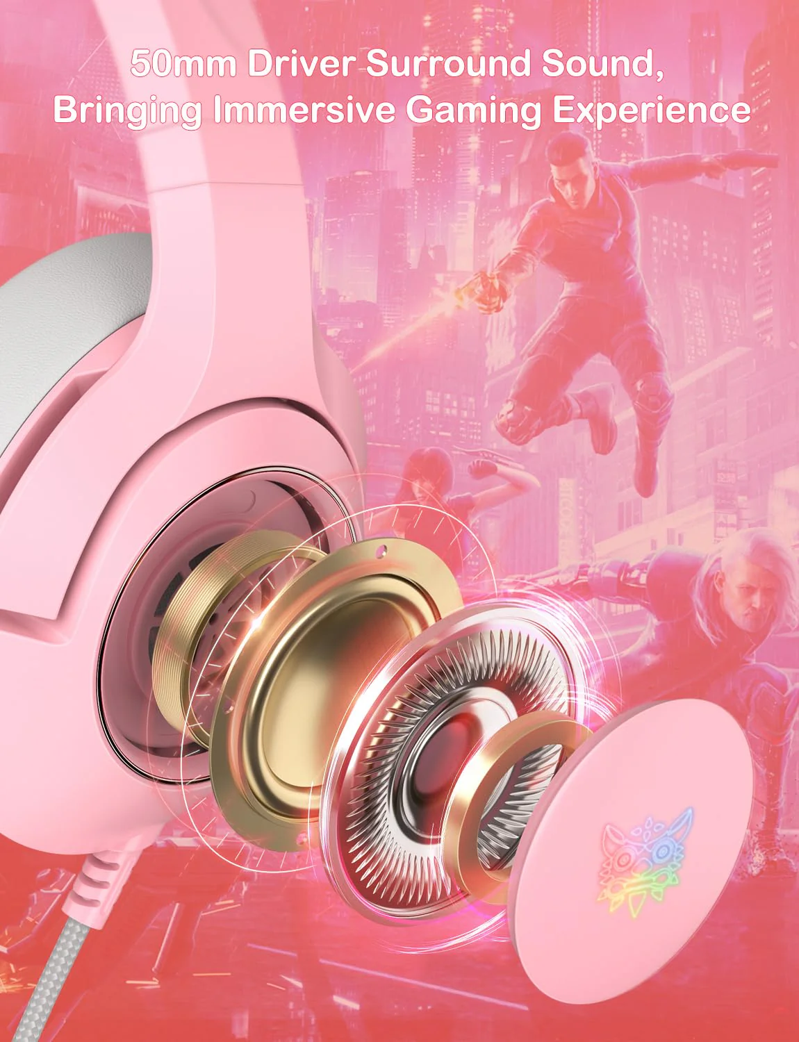PHNIXGAM Cat Ear Gaming Cute Headset, Wired Over-Ear Headphones with Retractable Microphone, Surround Sound, LED Backlight for PS4, PS5, PC, Mobile Phone (Light Pink) A Pink 3.5mm - Image 6